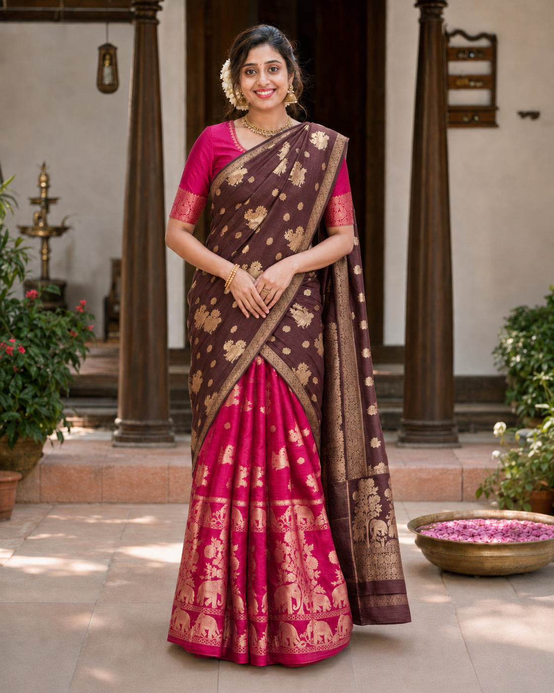 Eeshas Davani Two-Piece Banarasi Saree – Deep Brown and wine red