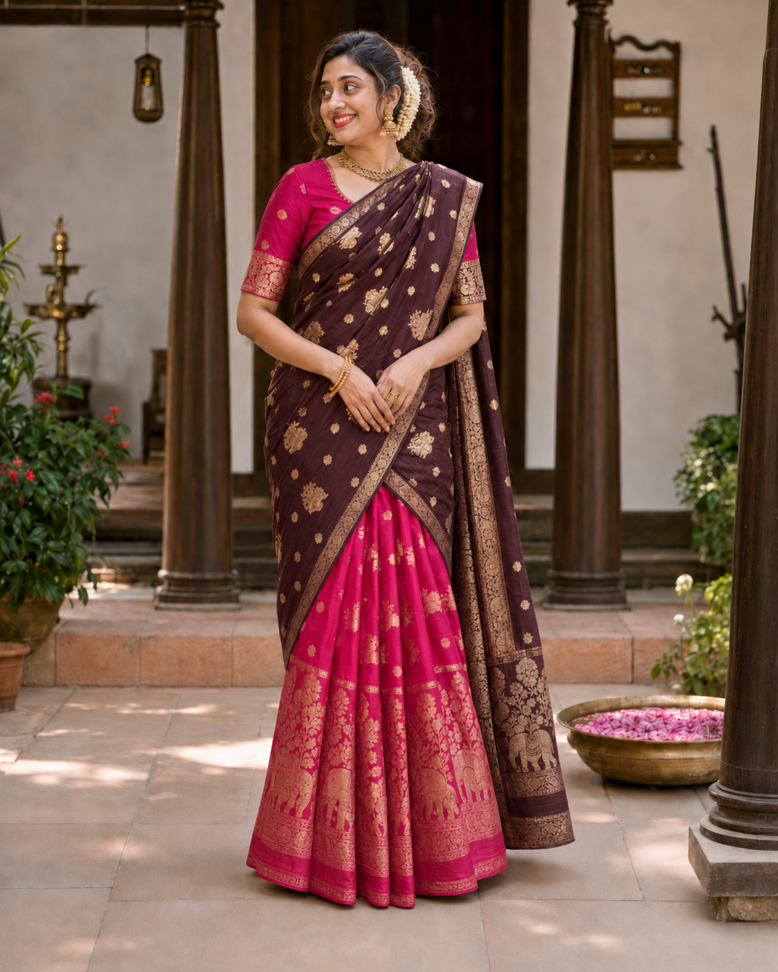 Eeshas Davani Two-Piece Banarasi Saree – Deep Brown and wine red