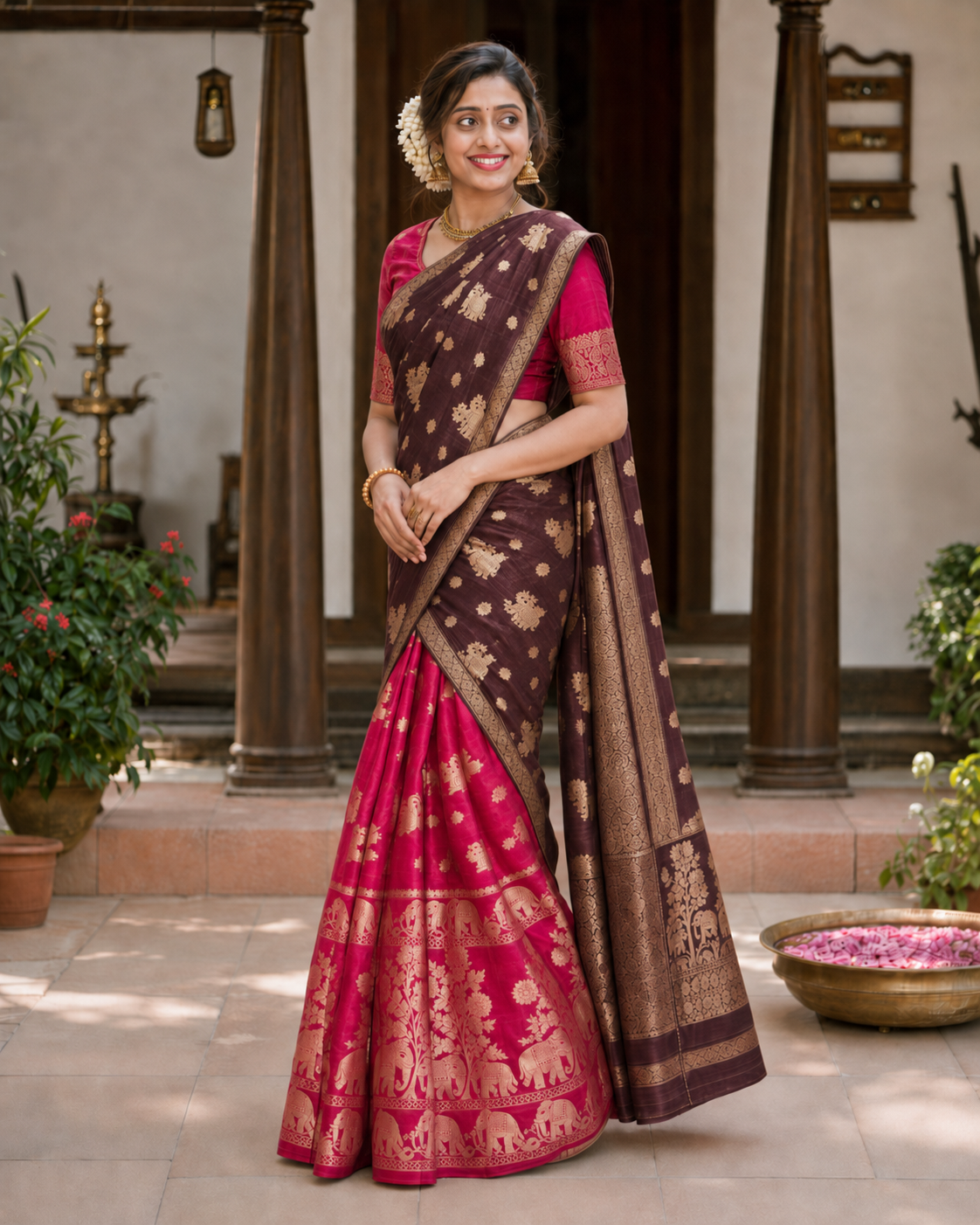 Eeshas Davani Two-Piece Banarasi Saree – Deep Brown and wine red