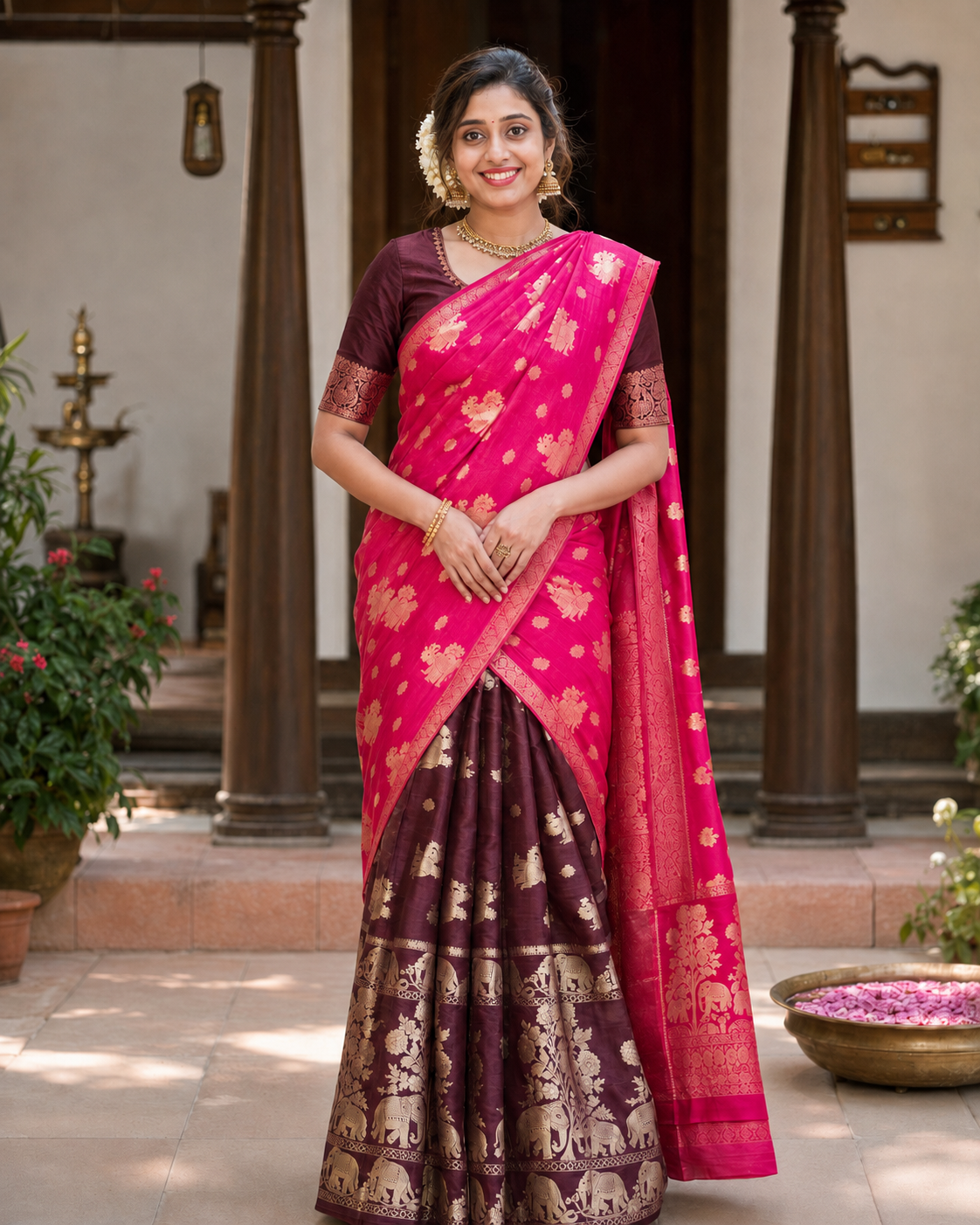 Eeshas Davani Two-Piece Banarasi Saree – Wine Red & Deep Brown