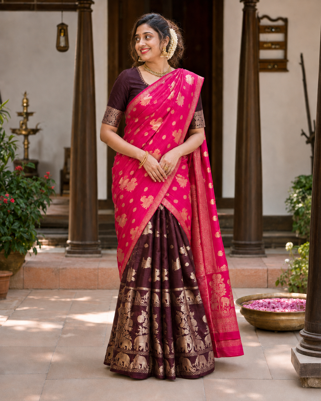 Eeshas Davani Two-Piece Banarasi Saree – Wine Red & Deep Brown