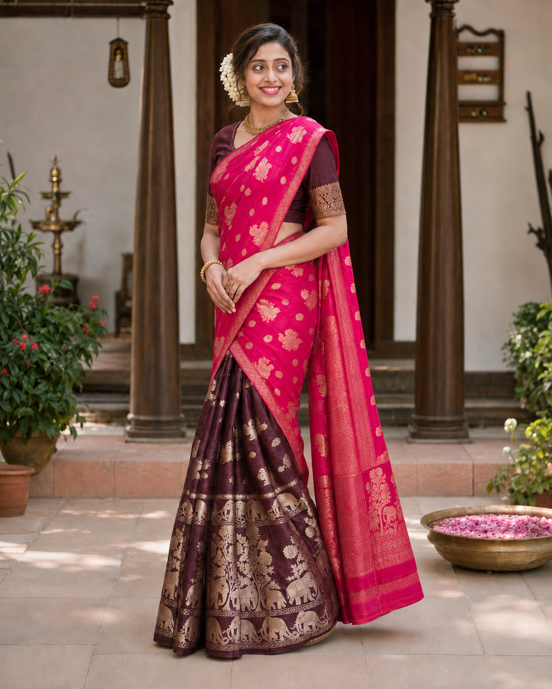 Eeshas Davani Two-Piece Banarasi Saree – Wine Red & Deep Brown