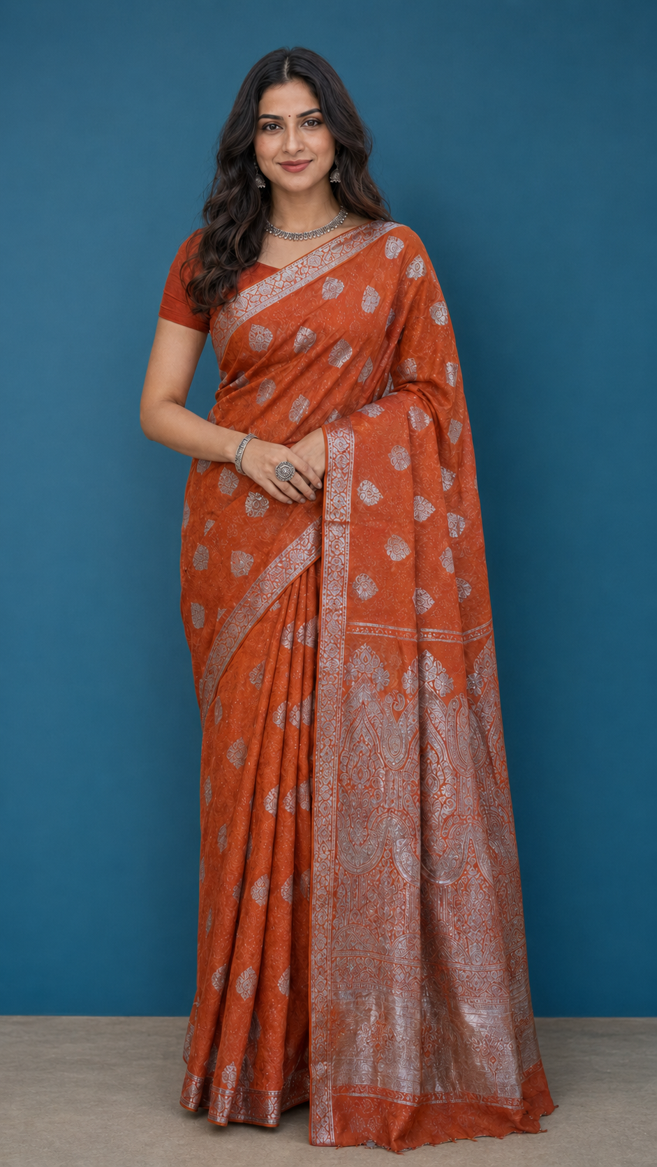 Regal Coral Orange Banarasi Saree with Silver Zari