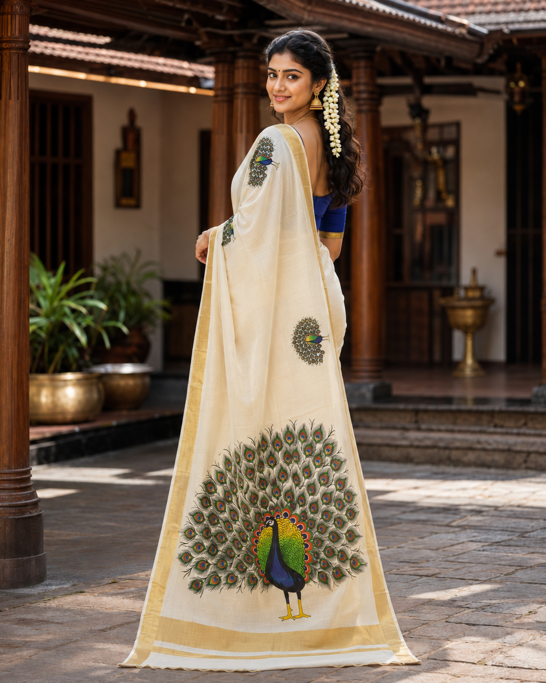 Kerala Kasavu Tissue Saree-Peacock print