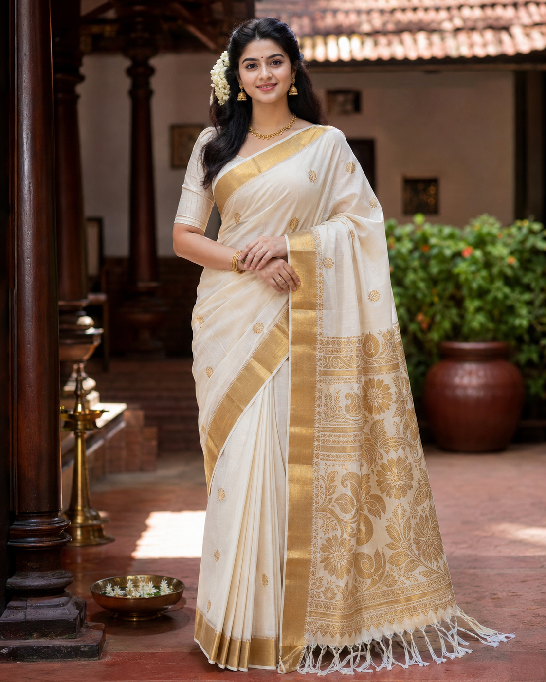 Kerala Cotton Saree with Kasavu and floral design