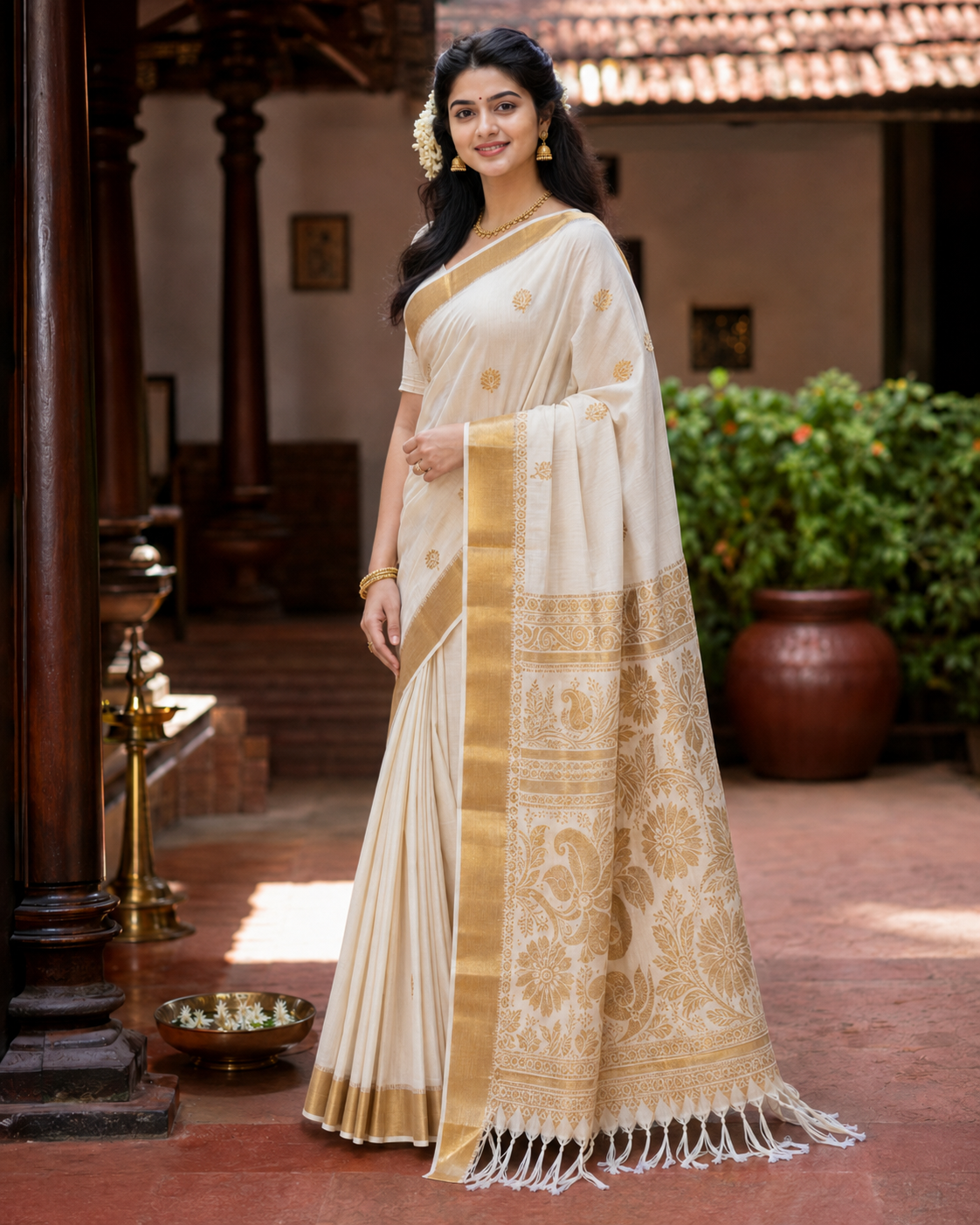 Kerala Cotton Saree with Kasavu and floral design