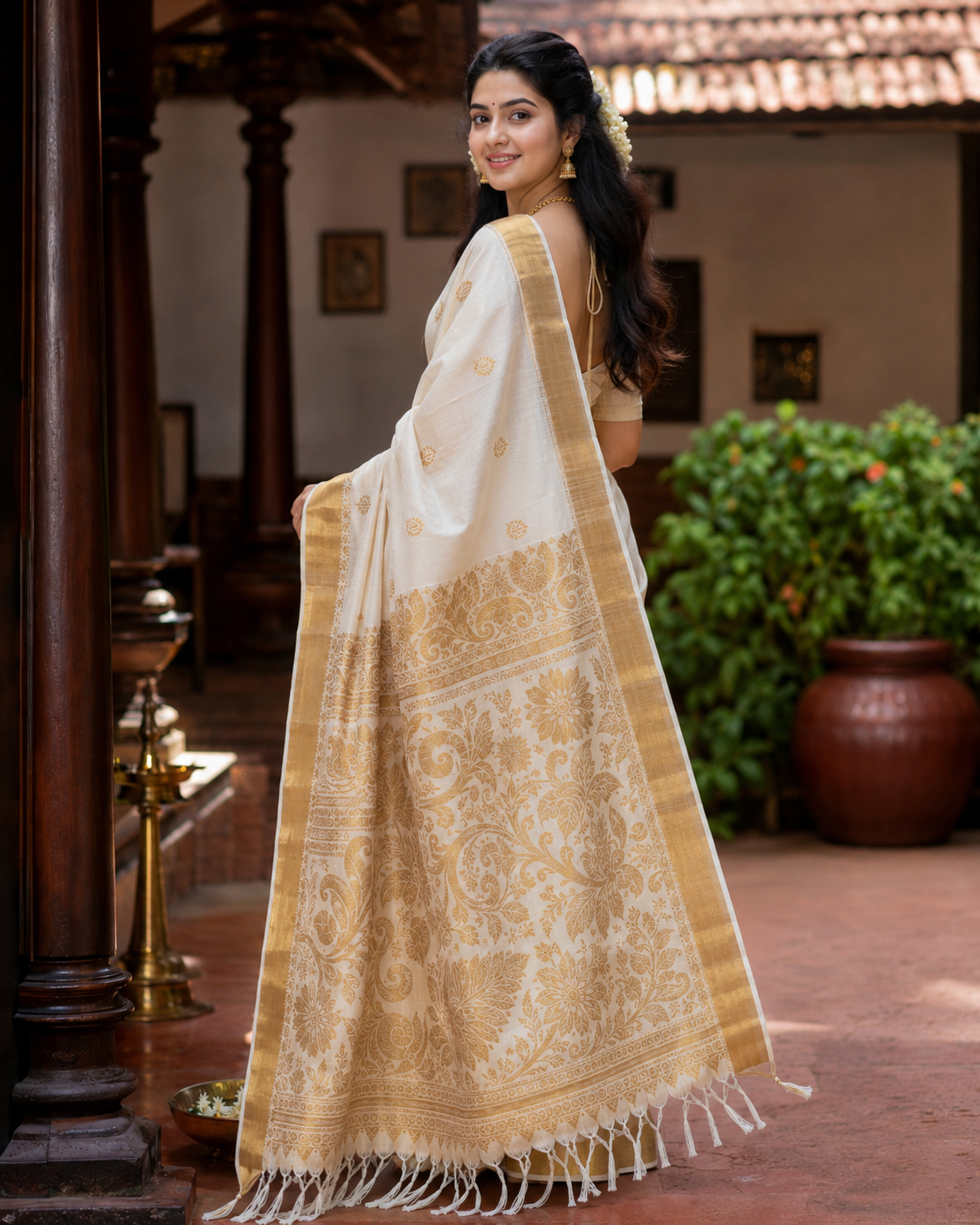Kerala Cotton Saree with Kasavu and floral design