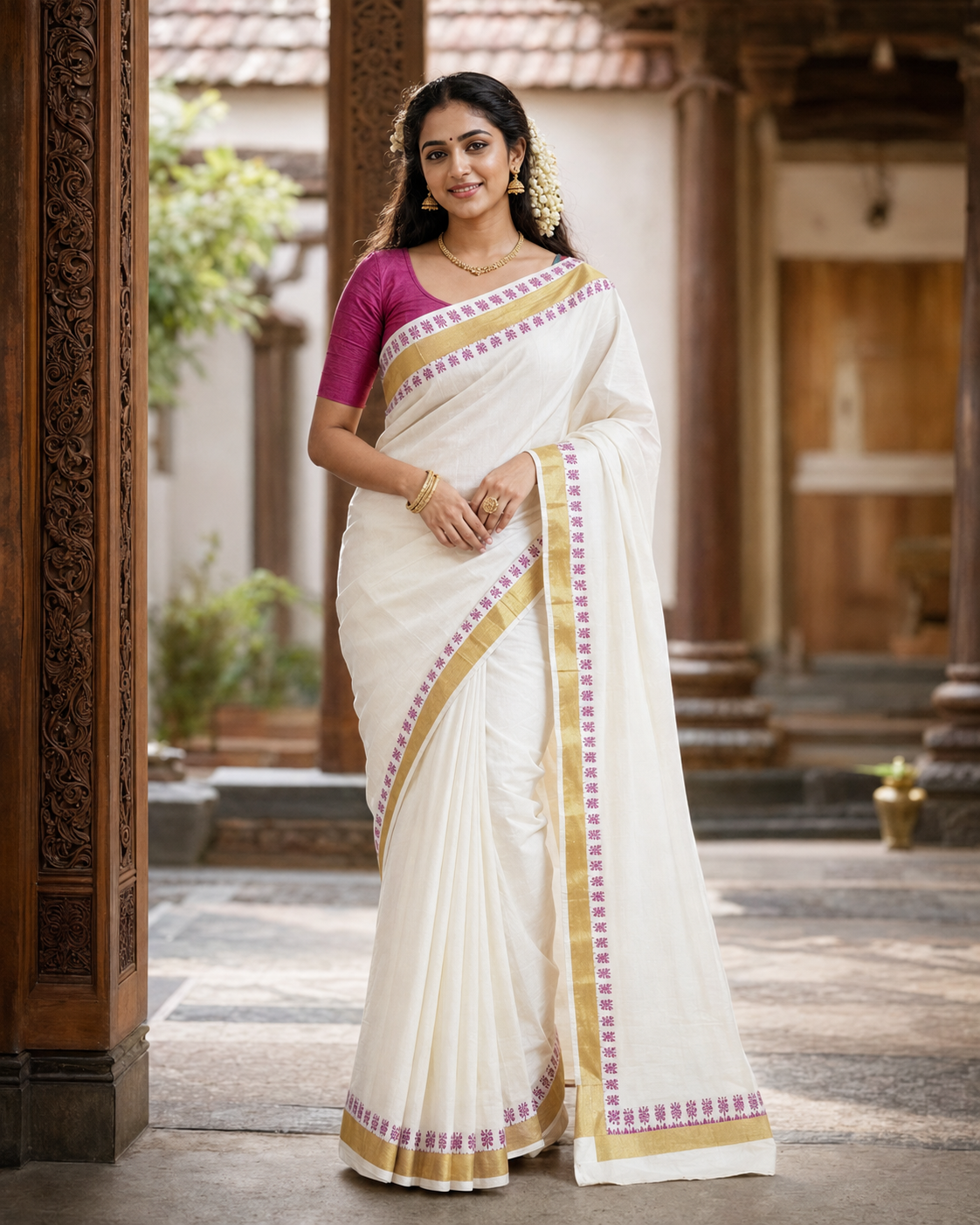 Kerala Cotton Saree with Kasavu -Lotus print