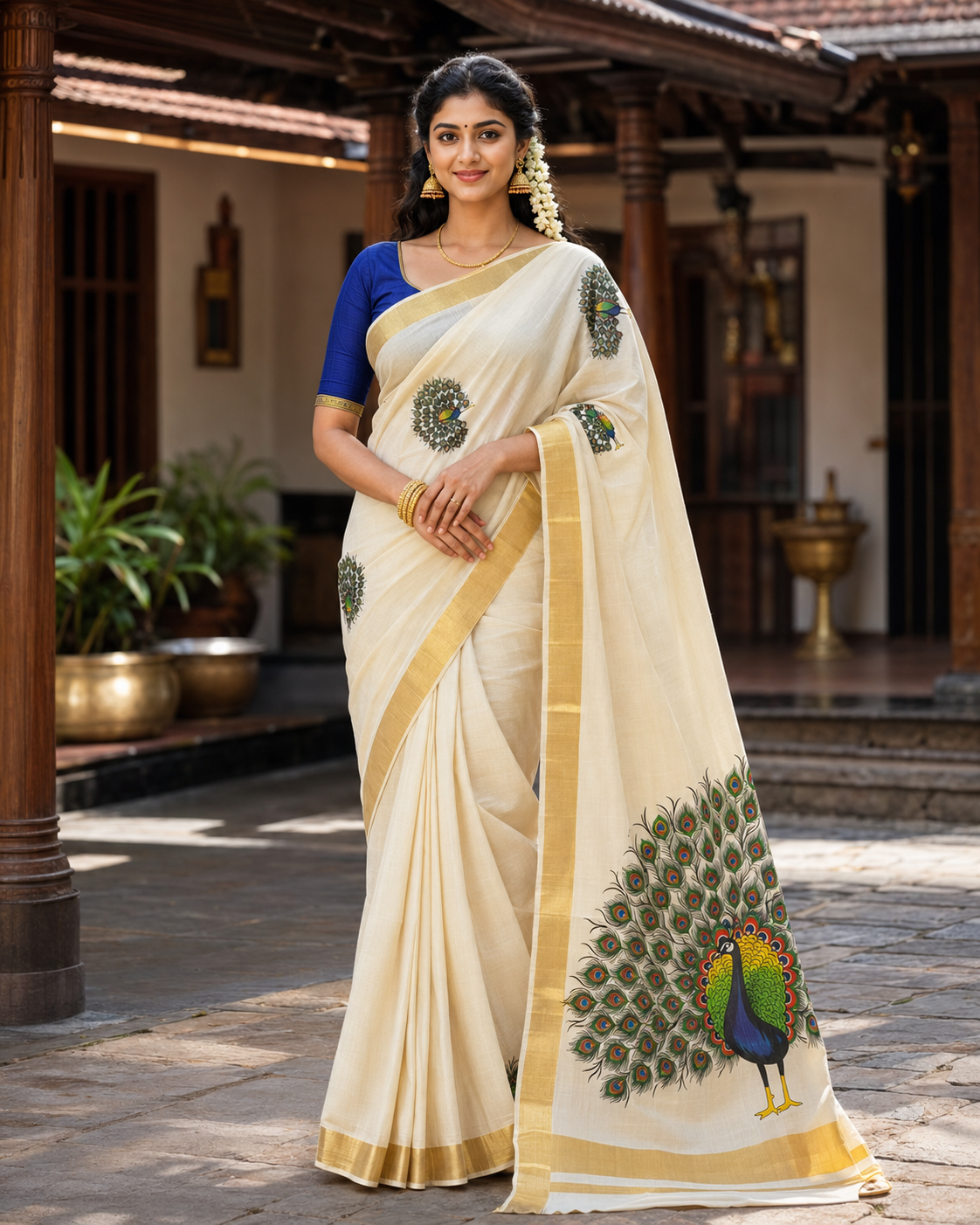 Kerala Kasavu Tissue Saree-Peacock print