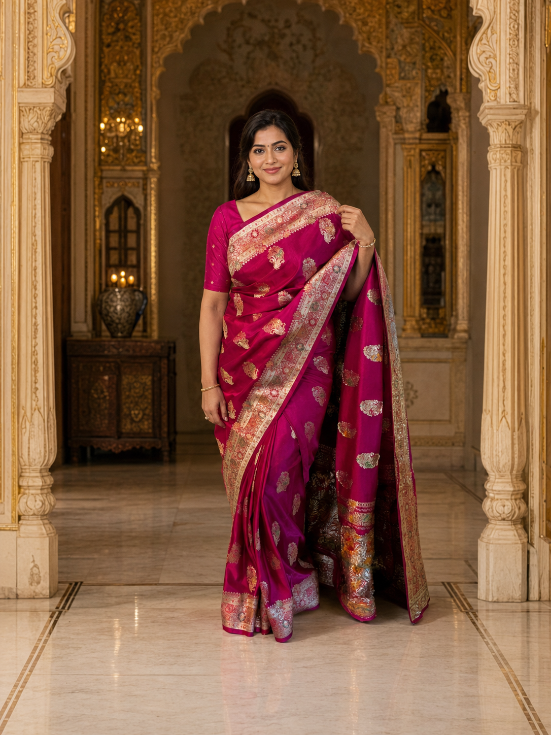 Magenta Banarasi Silk Saree with Gold Zari Weaving (2 piece set)