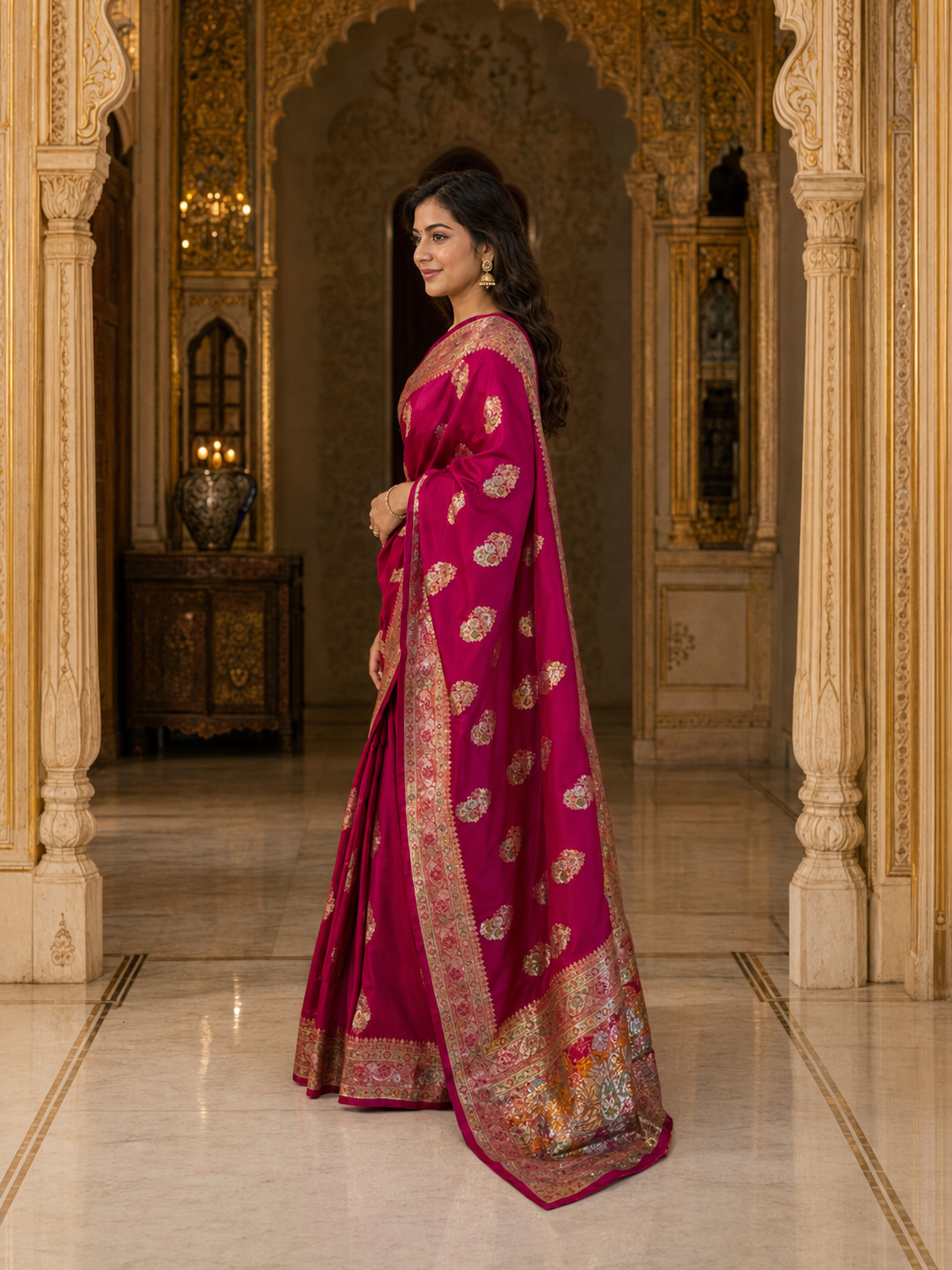 Magenta Banarasi Silk Saree with Gold Zari Weaving (2 piece set)