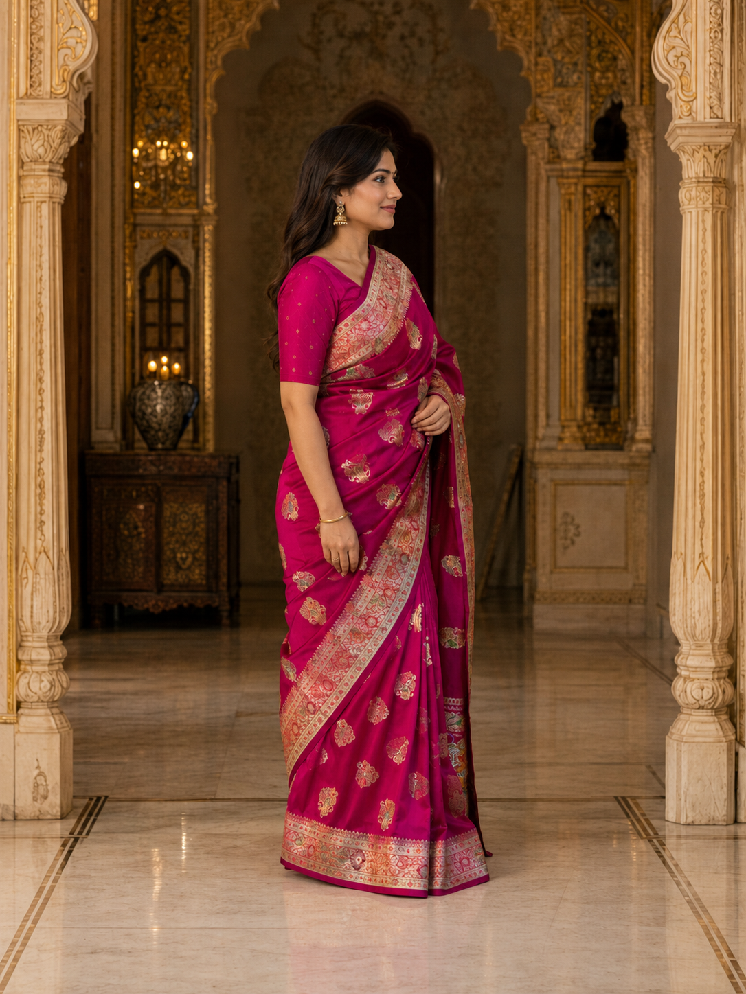 Magenta Banarasi Silk Saree with Gold Zari Weaving (2 piece set)