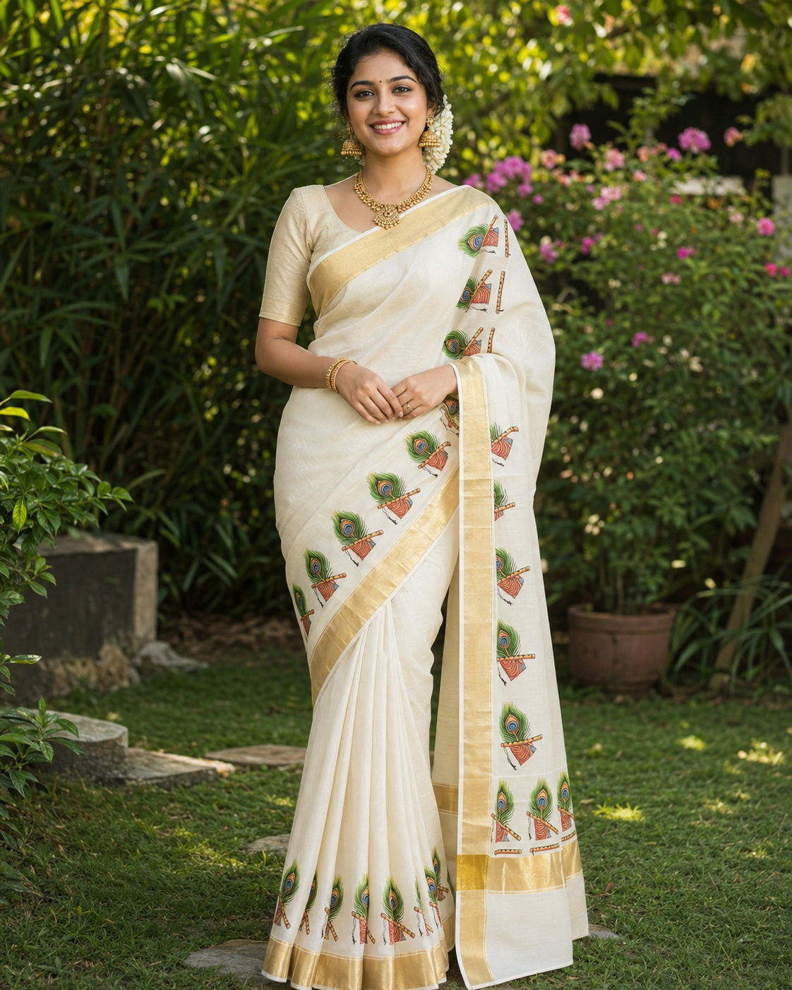 Tissue Kasavu Saree-Peacock feather and flute
