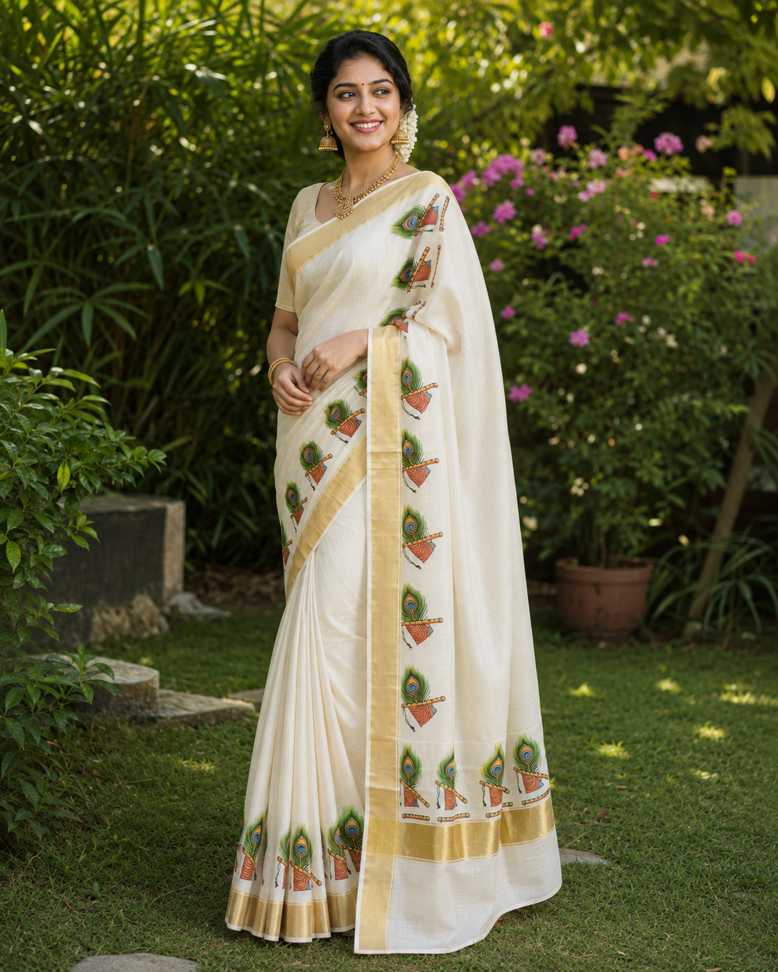 Tissue Kasavu Saree-Peacock feather and flute