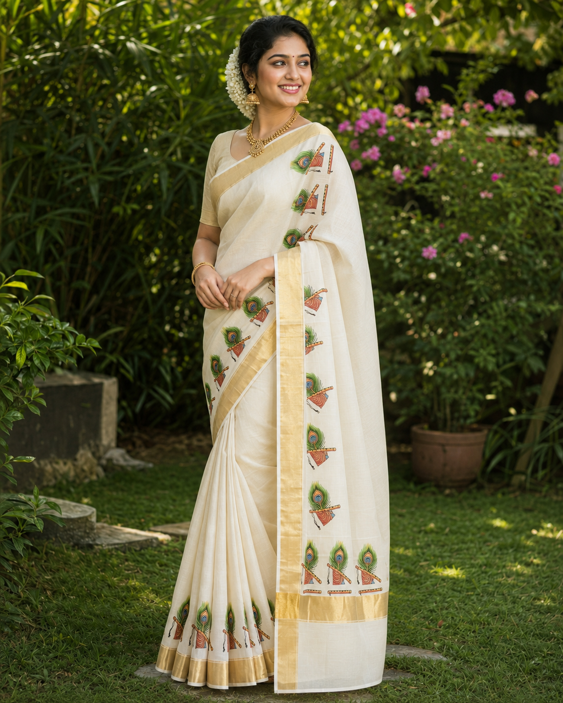 Tissue Kasavu Saree-Peacock feather and flute