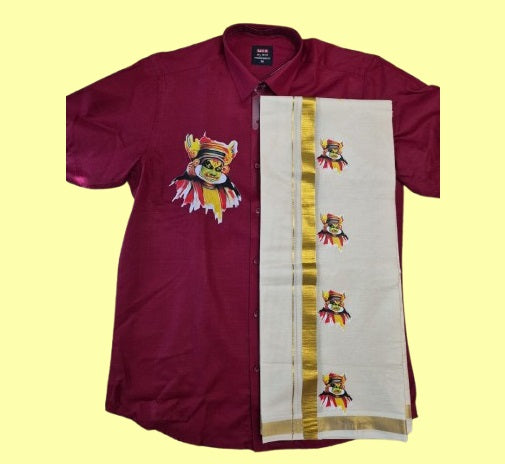 Onam Shirt and Mundu combo (Brick red color)