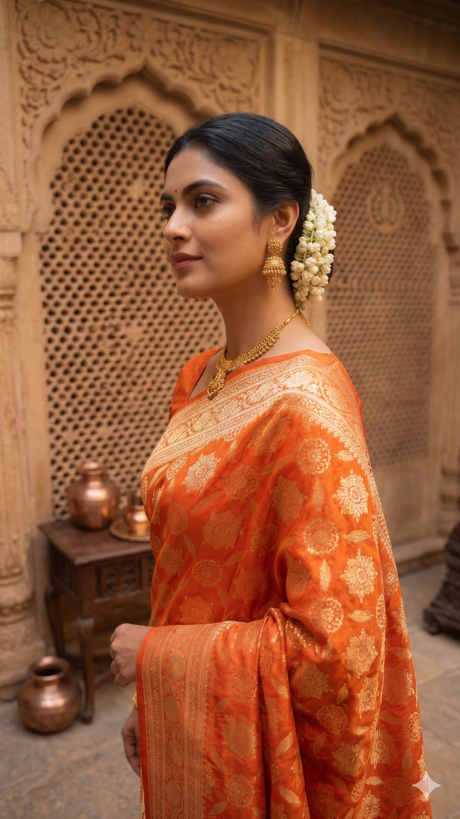 Radiant Orange Mashru Banarasi Silk Saree (2 piece set)