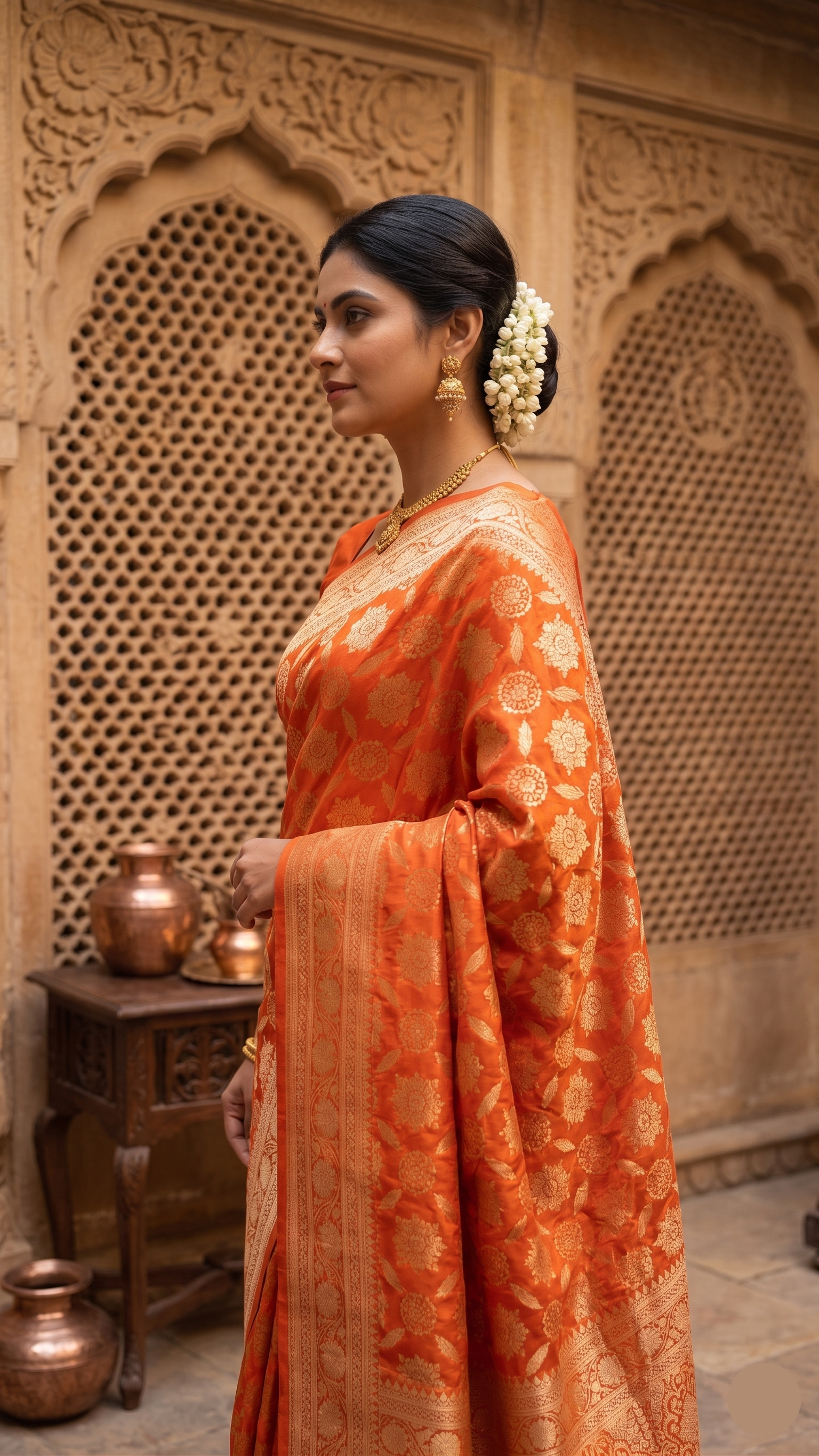 Radiant Orange Mashru Banarasi Silk Saree (2 piece set)