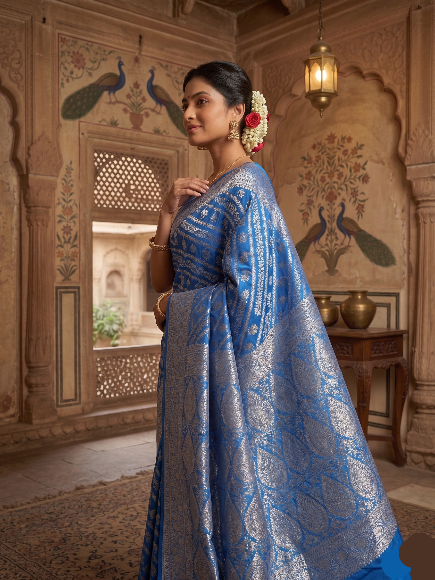 Regal Blue & Rani Pink Banarasi Silk Saree (2 piece set)