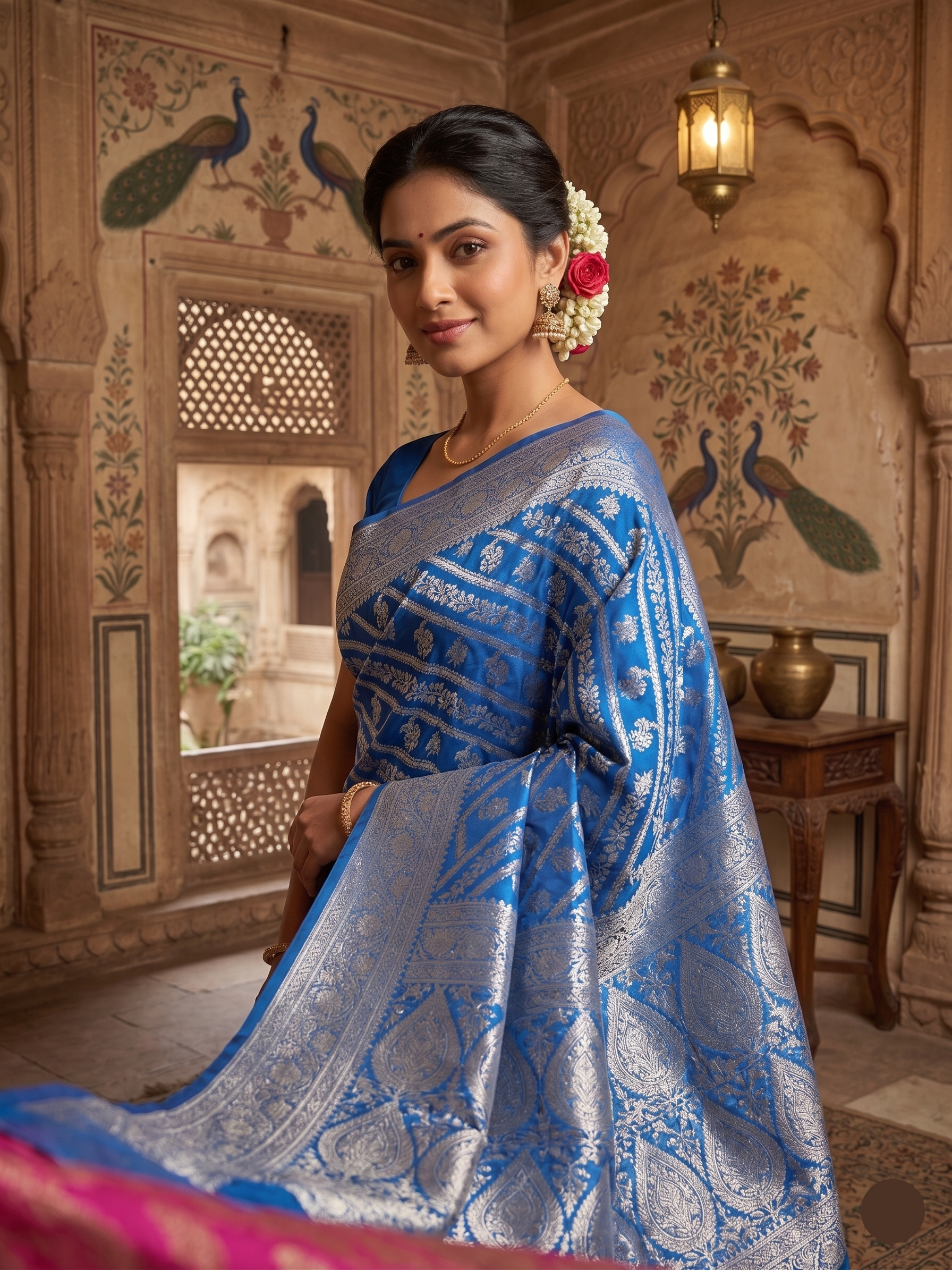 Regal Blue & Rani Pink Banarasi Silk Saree (2 piece set)