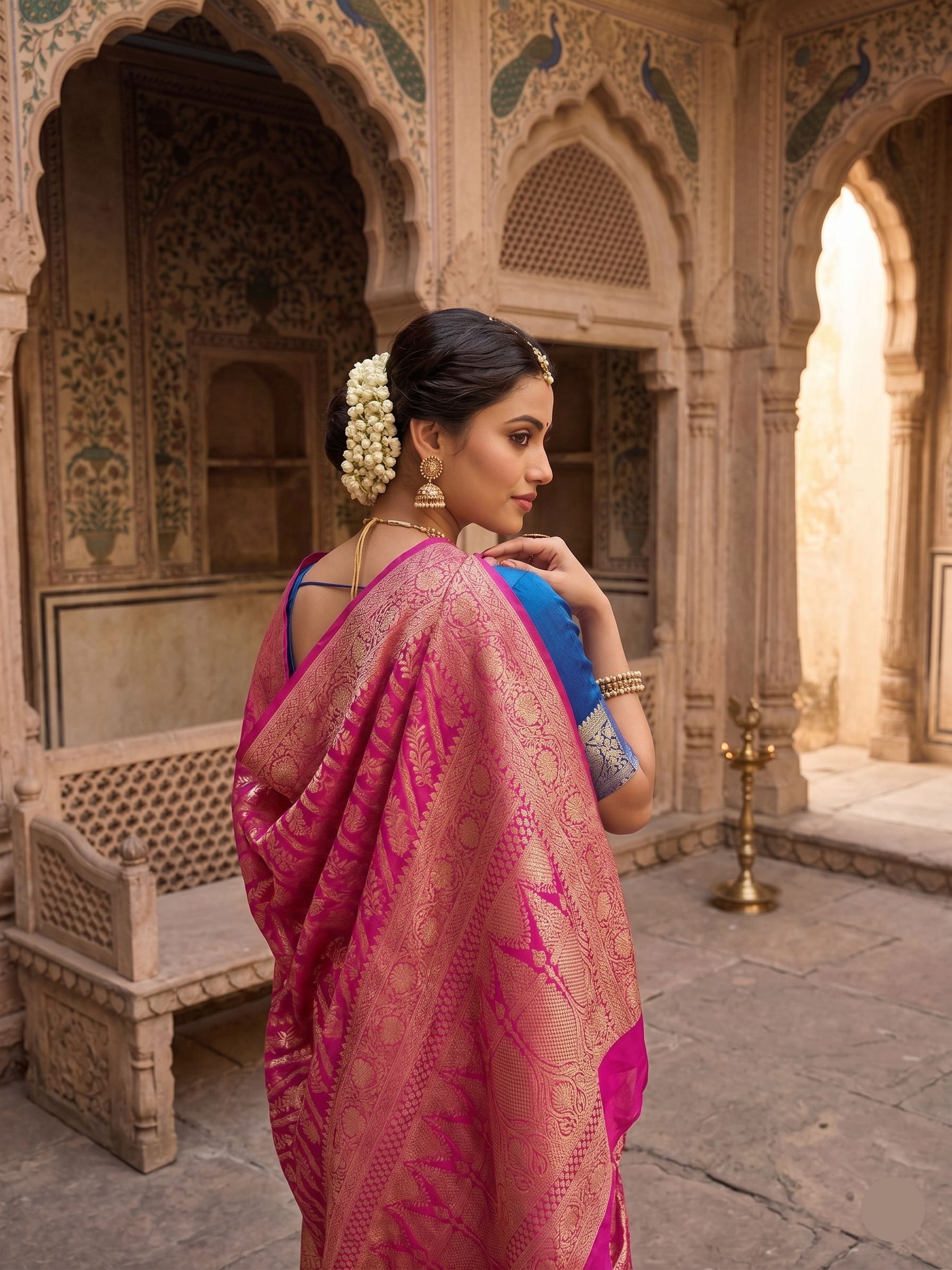Royal Fuchsia Pink & Sapphire Blue Banarasi Silk Saree (2 piece set)