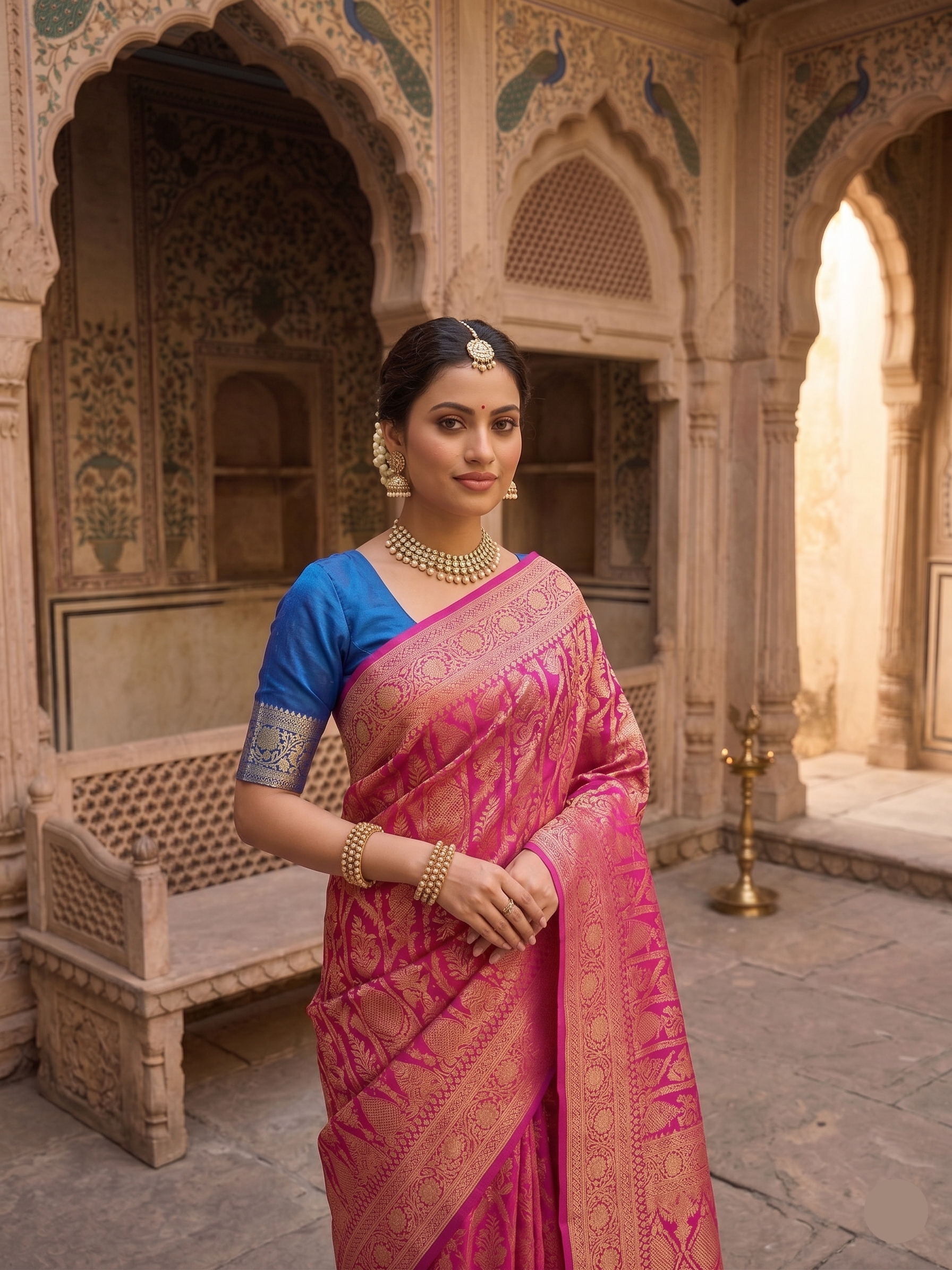 Royal Fuchsia Pink & Sapphire Blue Banarasi Silk Saree (2 piece set)