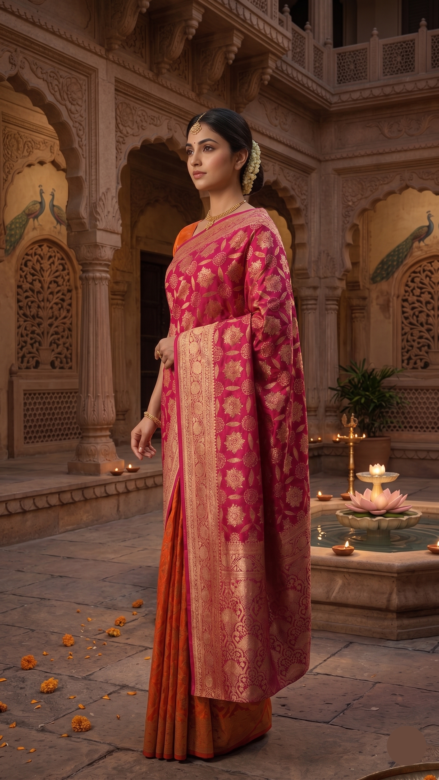 Royal Magenta & Orange Dual-color Banarasi Silk Saree (2 piece set)