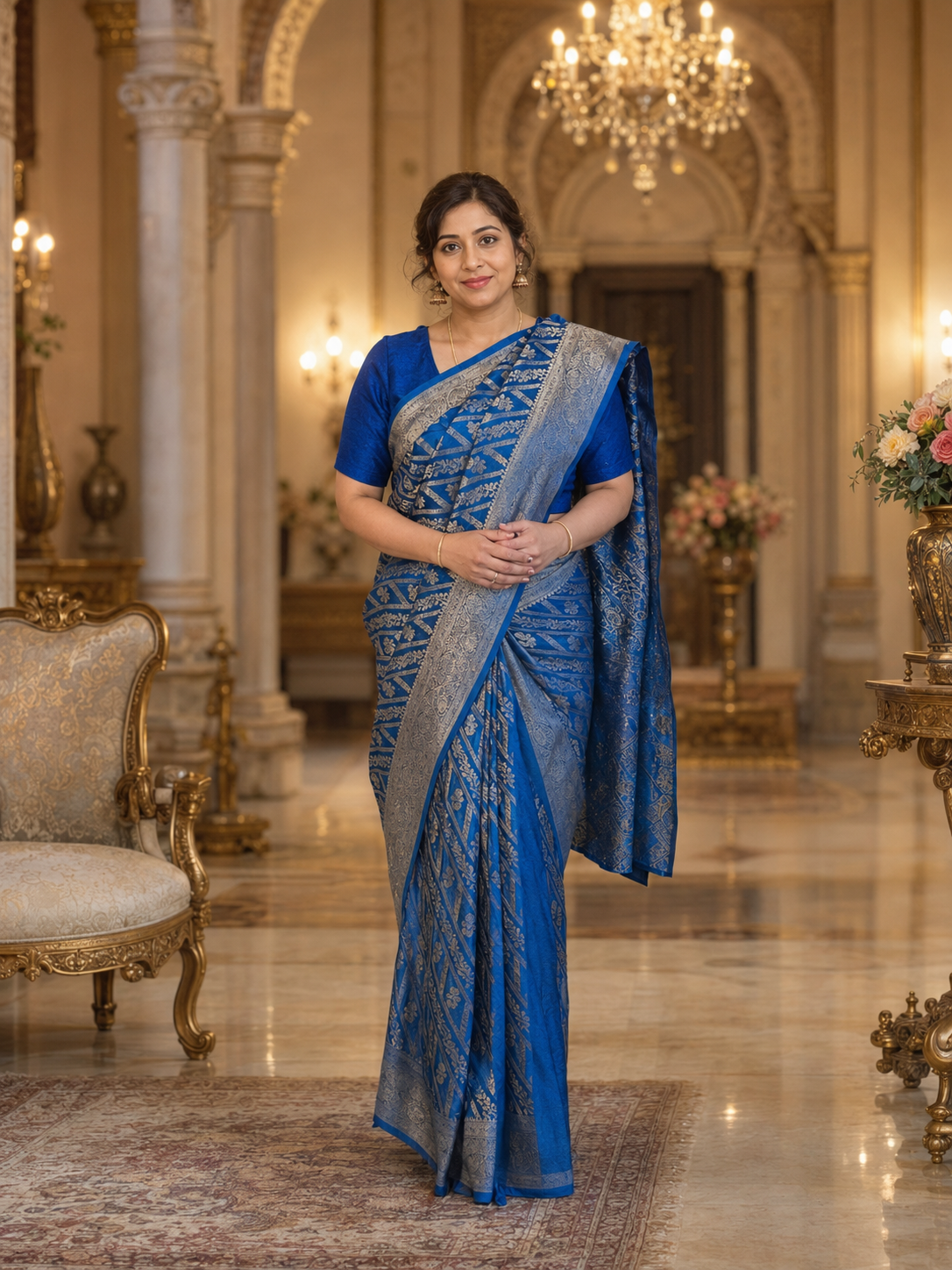 Sapphire Blue Banarasi Silk Saree with Silver Zari Weaving (2 piece set)