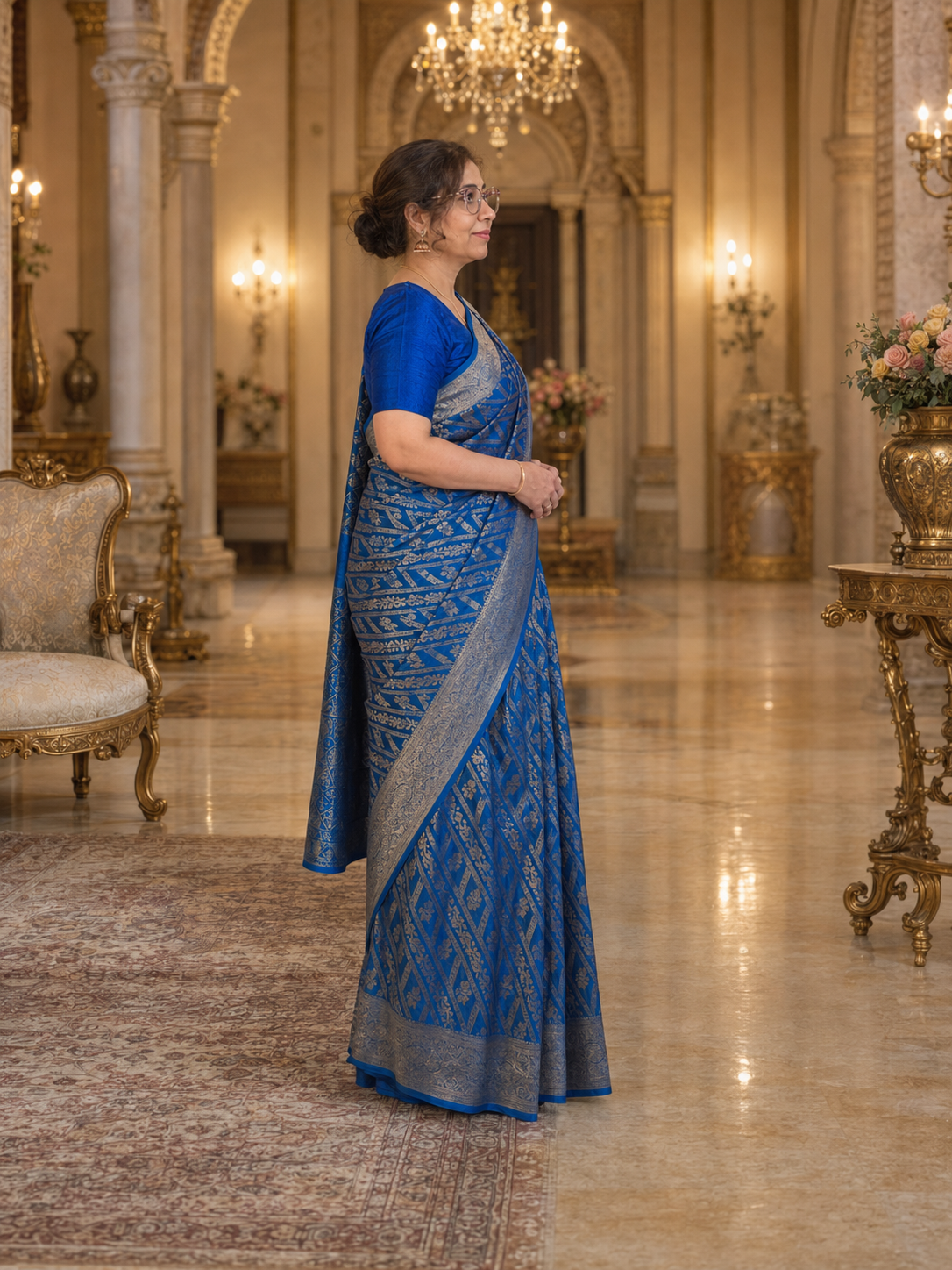 Sapphire Blue Banarasi Silk Saree with Silver Zari Weaving (2 piece set)