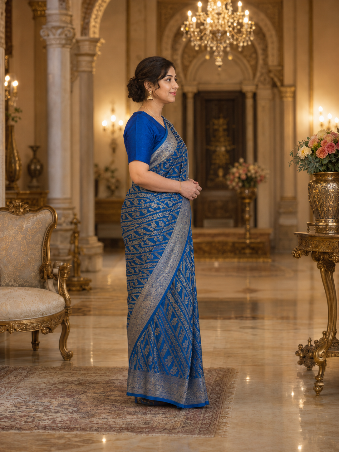 Sapphire Blue Banarasi Silk Saree with Silver Zari Weaving (2 piece set)
