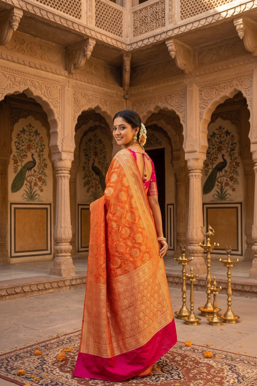 Sunset Orange & Megenta Dual-Color Banarasi Silk Saree (2 piece set)