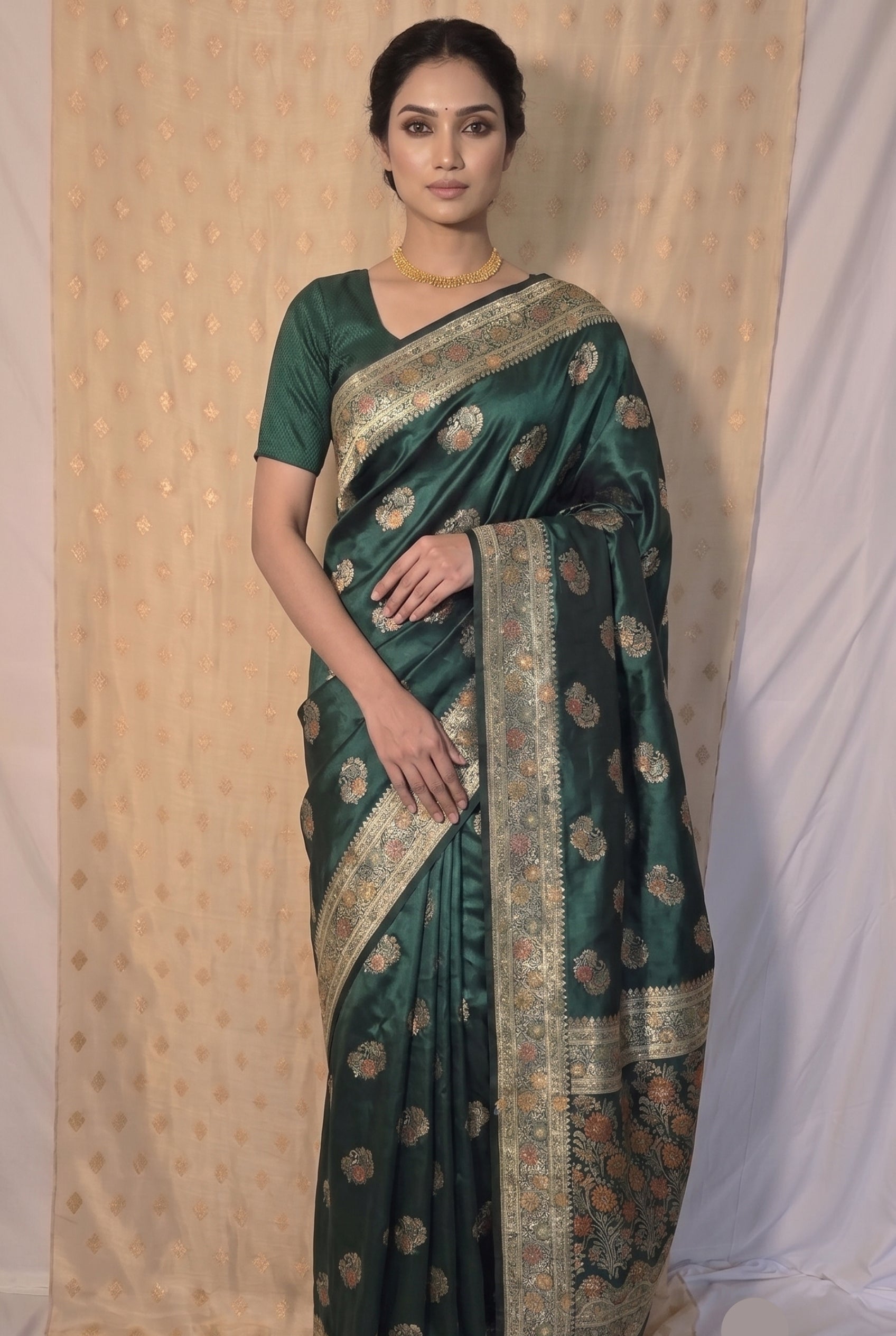 Emerald Green Floral Banarasi Mashru Saree (2 piece set)