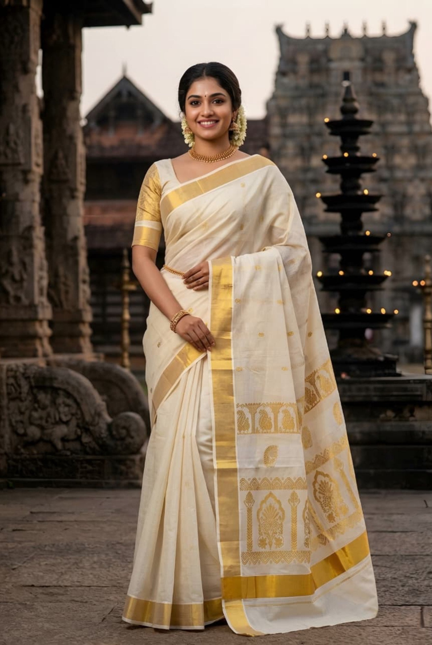 Kerala Kasavu Onam Saree- Temple design (Cotton)