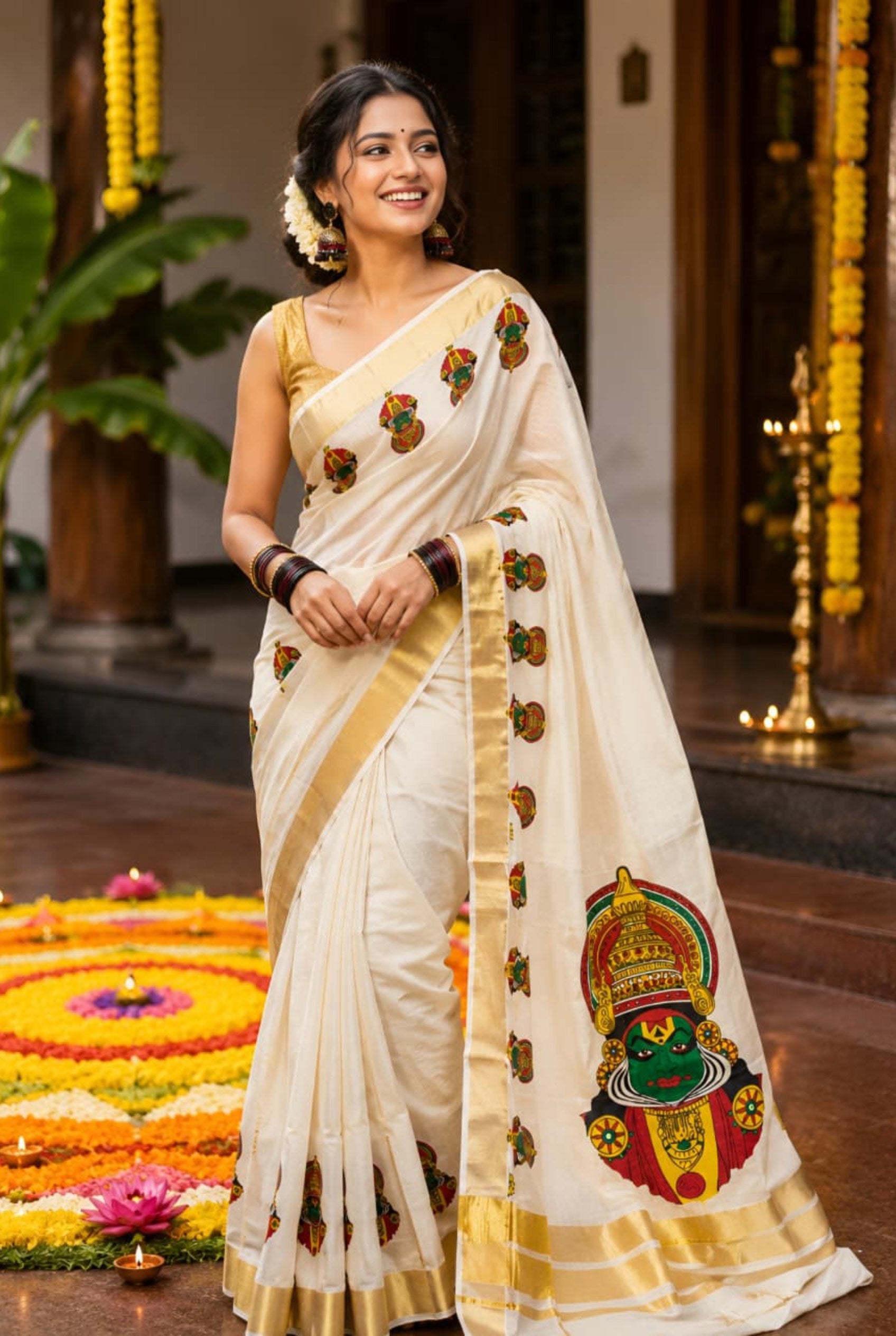 Kerala Kasavu Onam Saree-Kathakali print (Tissue Silk)