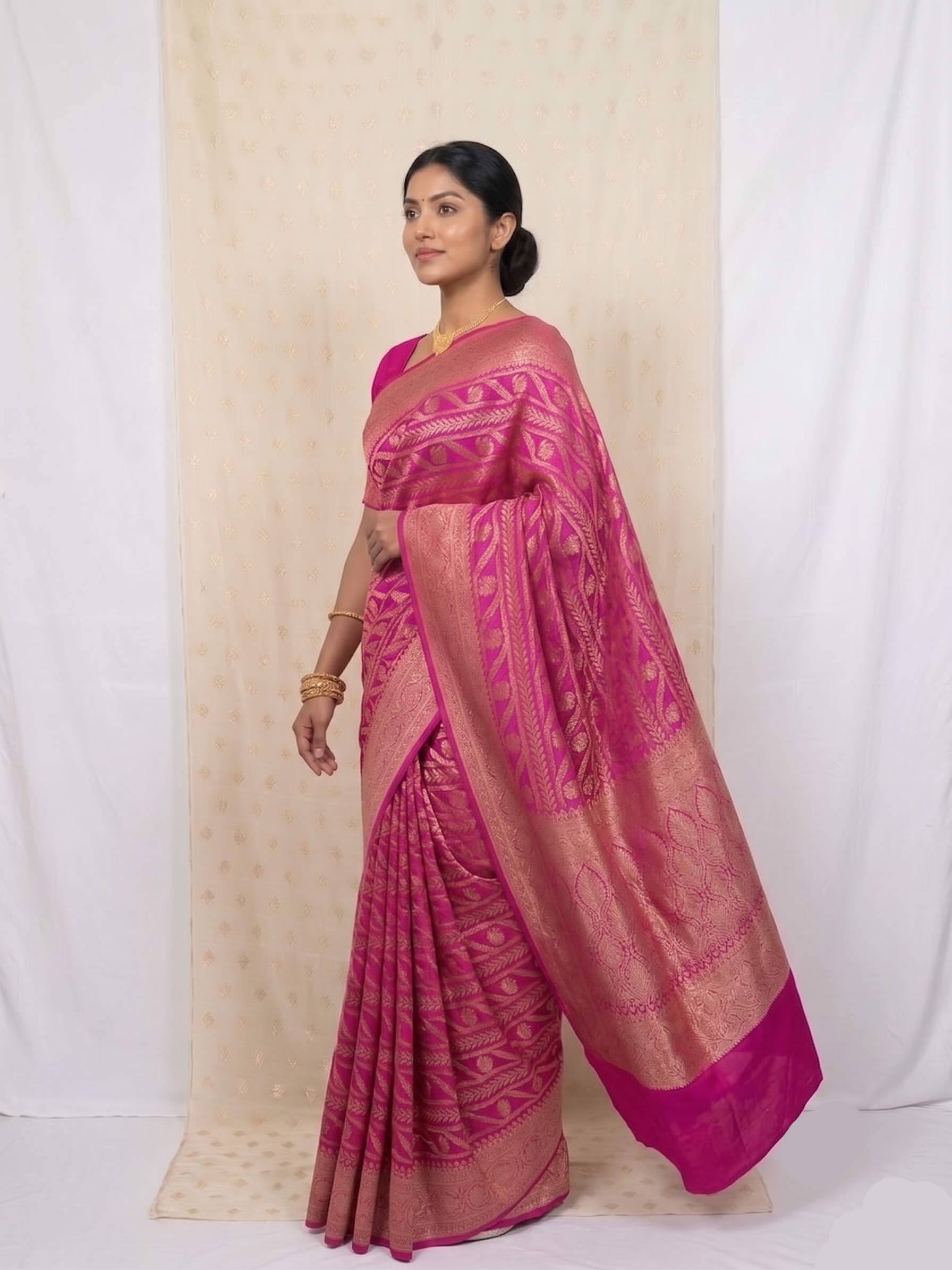 Majestic Fuchsia Pink Banarasi Silk Saree (2 piece set)