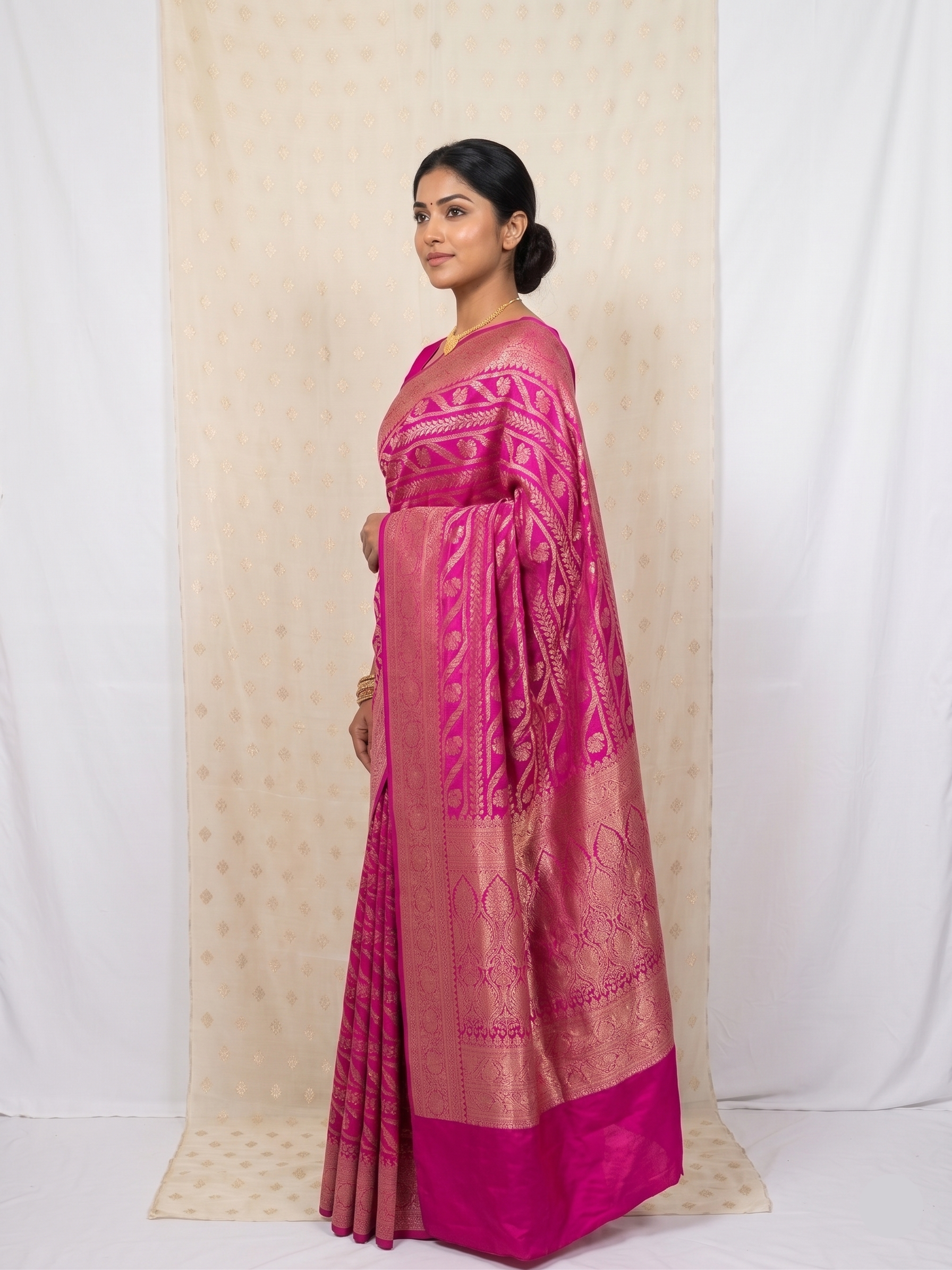 Majestic Fuchsia Pink Banarasi Silk Saree (2 piece set)