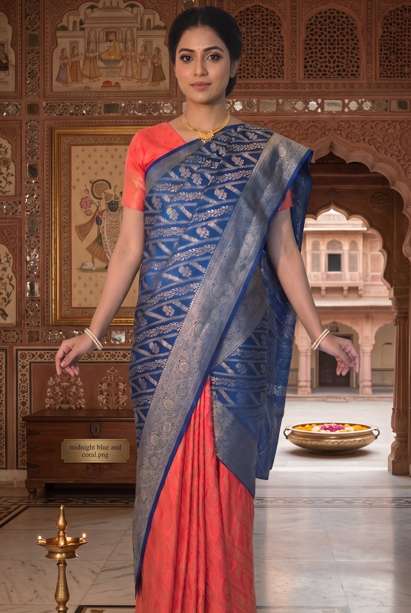 Midnight Blue & Coral Dual-color Banarasi Semisilk Saree (2 piece set)