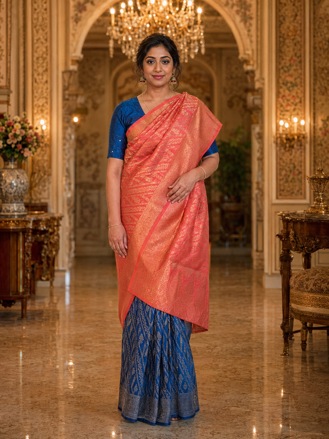 Royal Blue & Blush Pink Banarasi Silk Saree (2 piece set)