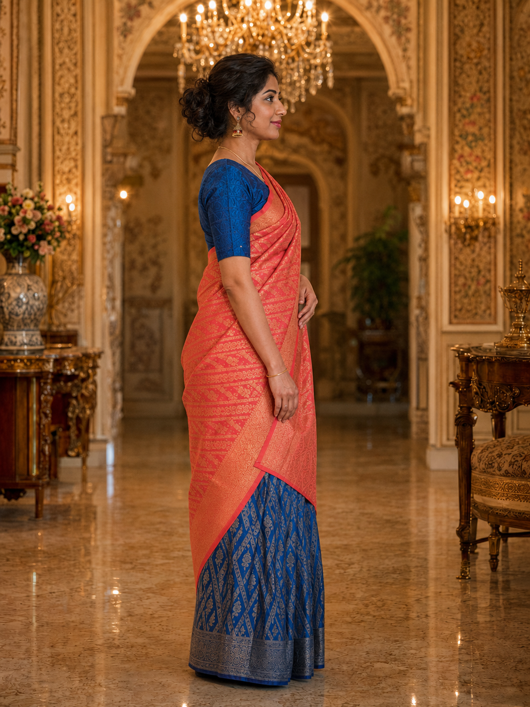 Royal Blue & Blush Pink Banarasi Silk Saree (2 piece set)