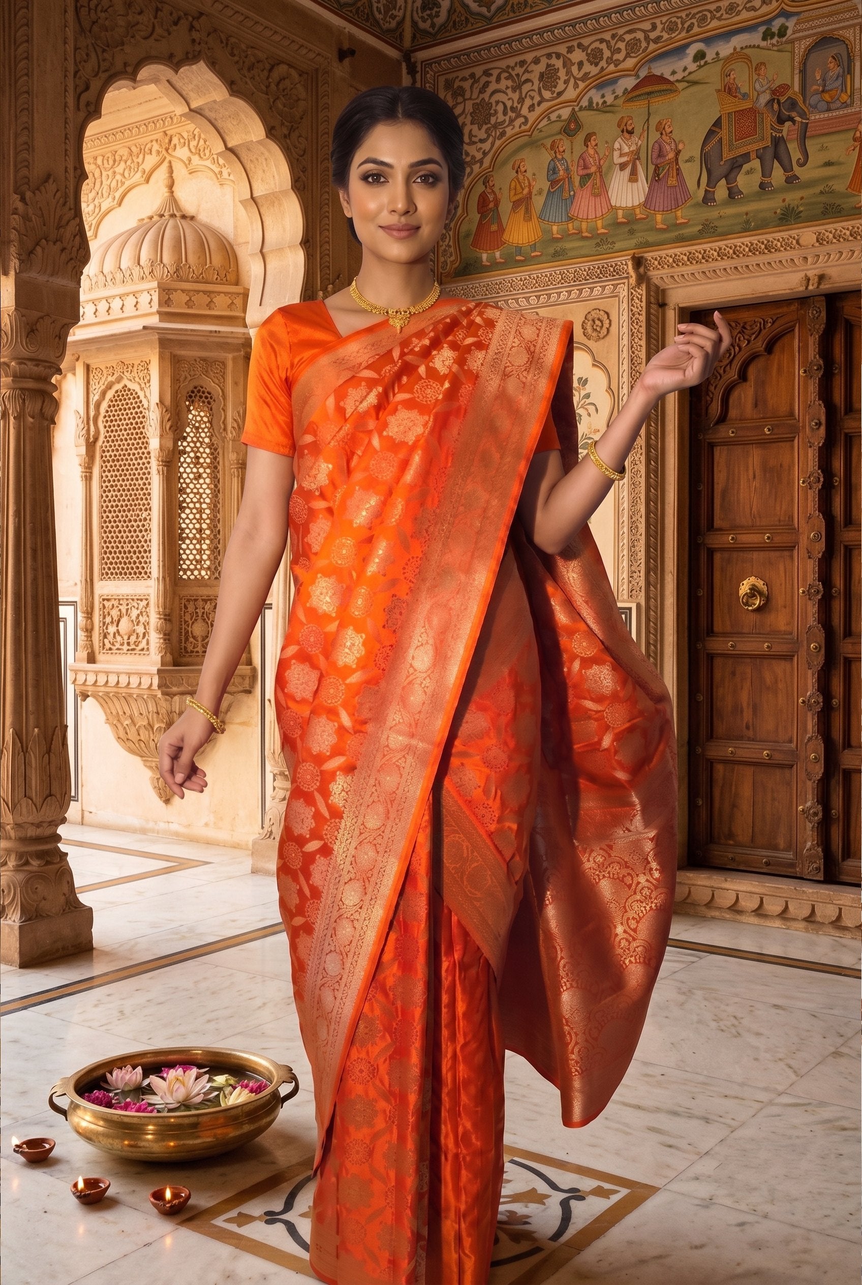 Radiant Orange Mashru Banarasi Silk Saree (2 piece set)