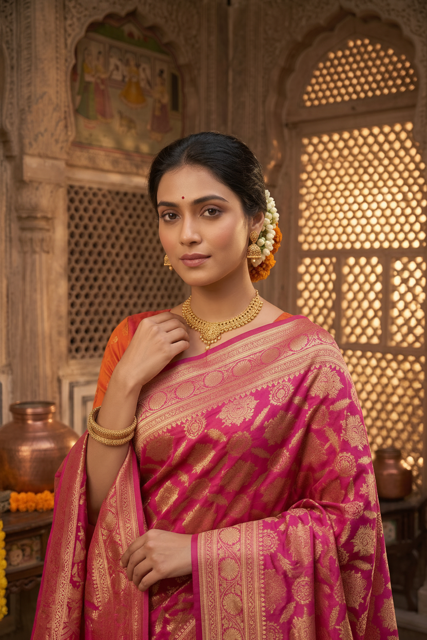 Rani Pink Banarasi Silk Saree with Antique Gold Zari (2 piece set)