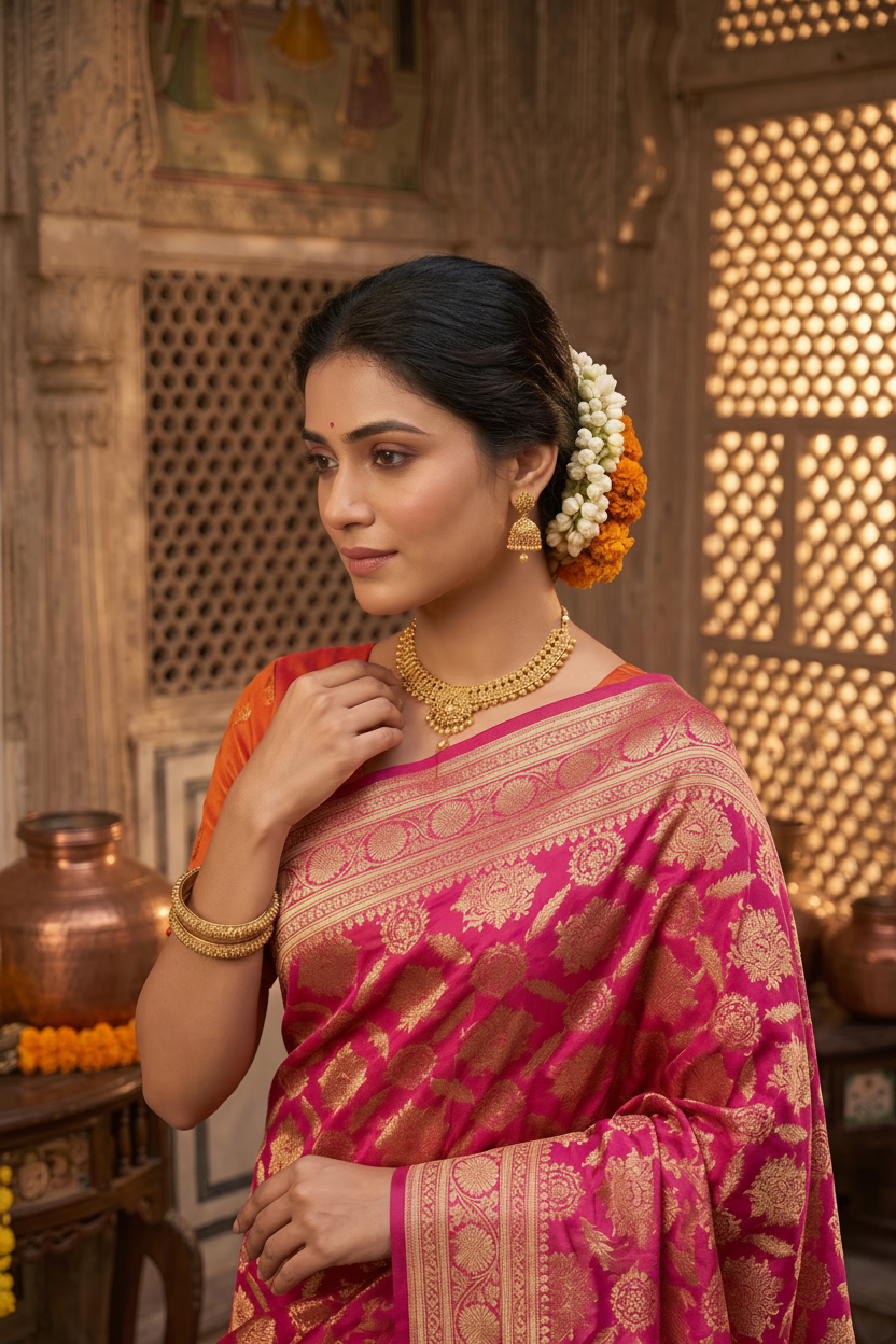 Rani Pink Banarasi Silk Saree with Antique Gold Zari (2 piece set)