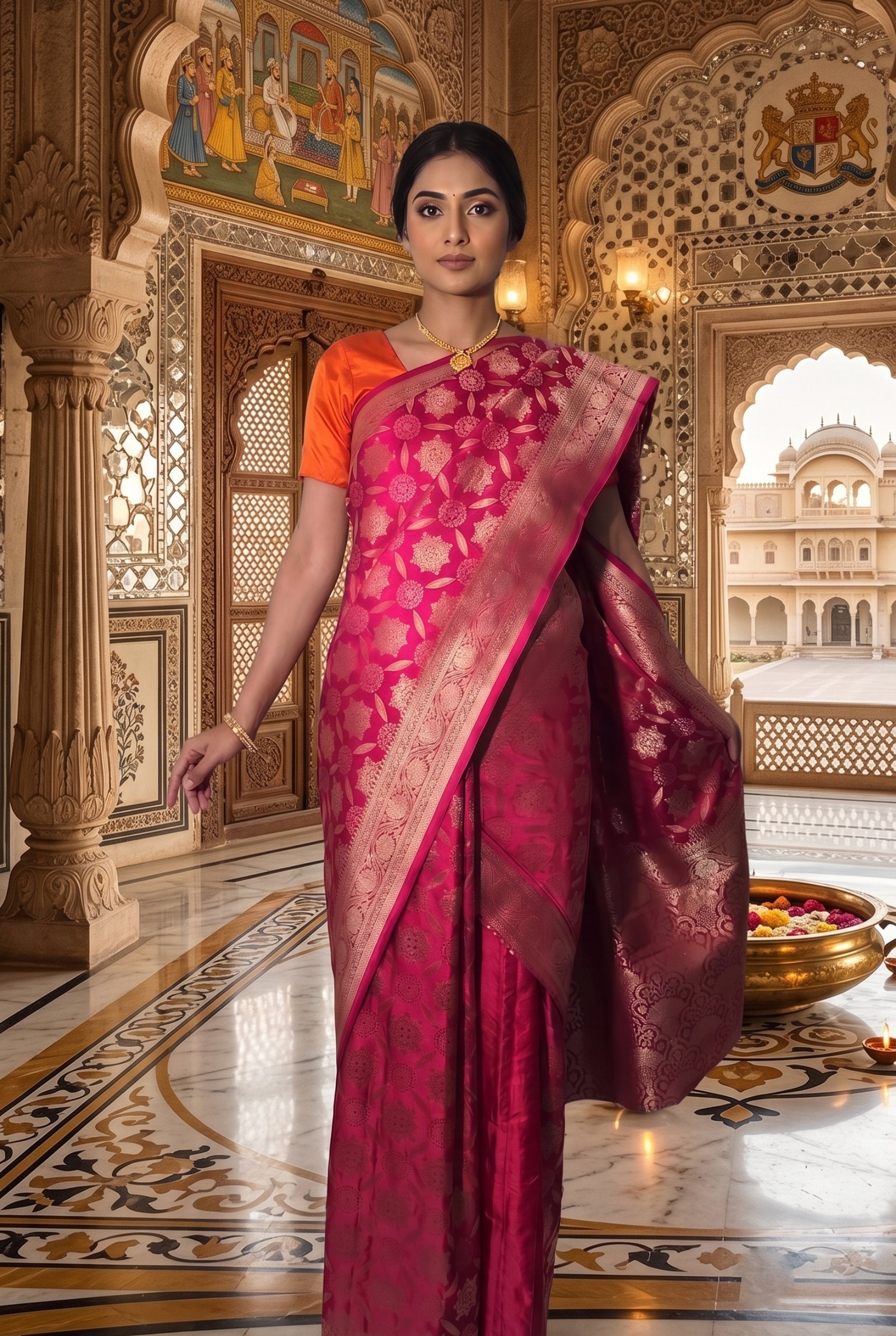 Rani Pink Banarasi Silk Saree with Antique Gold Zari (2 piece set)