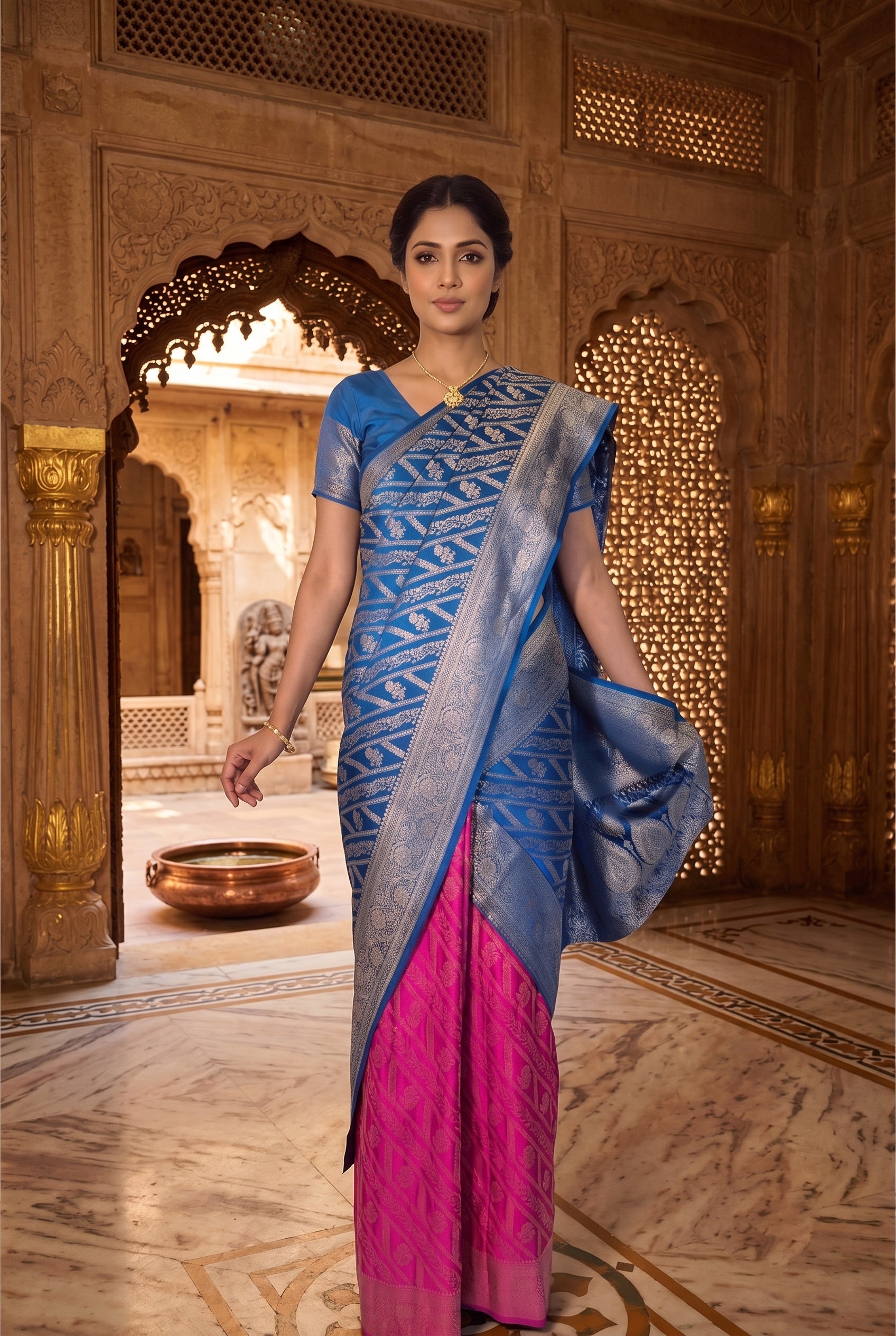 Regal Blue & Rani Pink Banarasi Silk Saree (2 piece set)