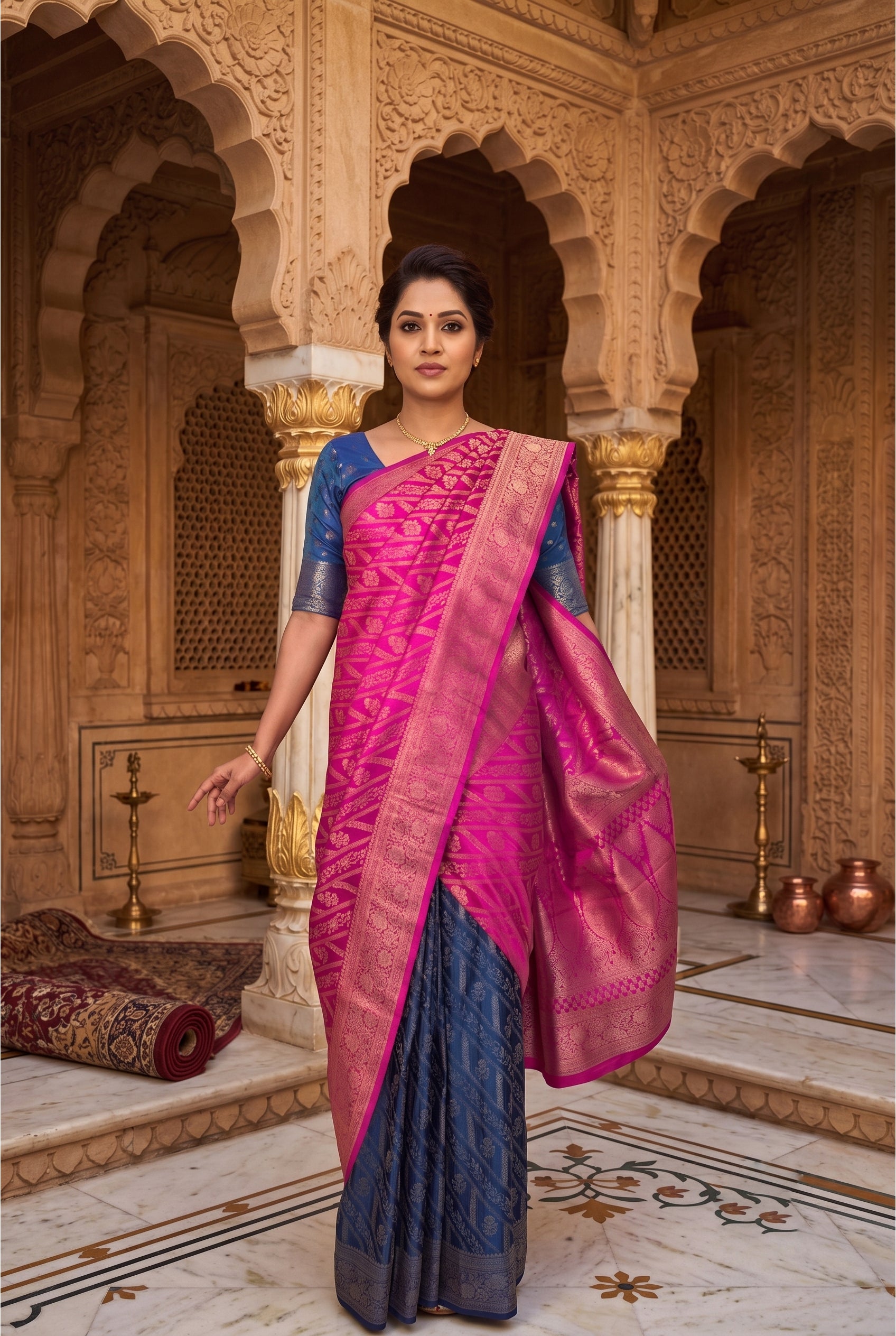 Royal Fuchsia Pink & Sapphire Blue Banarasi Silk Saree (2 piece set)