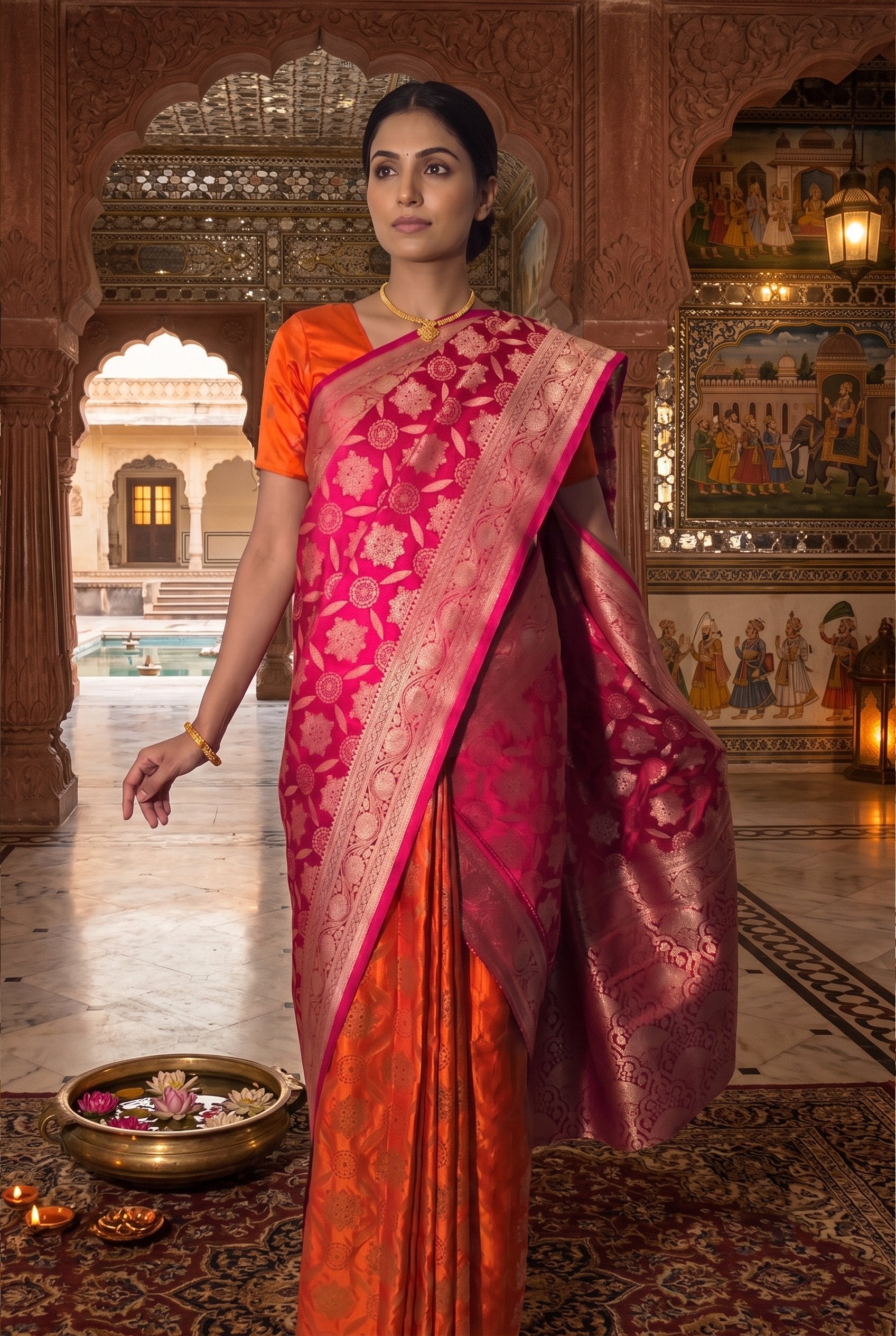 Royal Magenta & Orange Dual-color Banarasi Silk Saree (2 piece set)