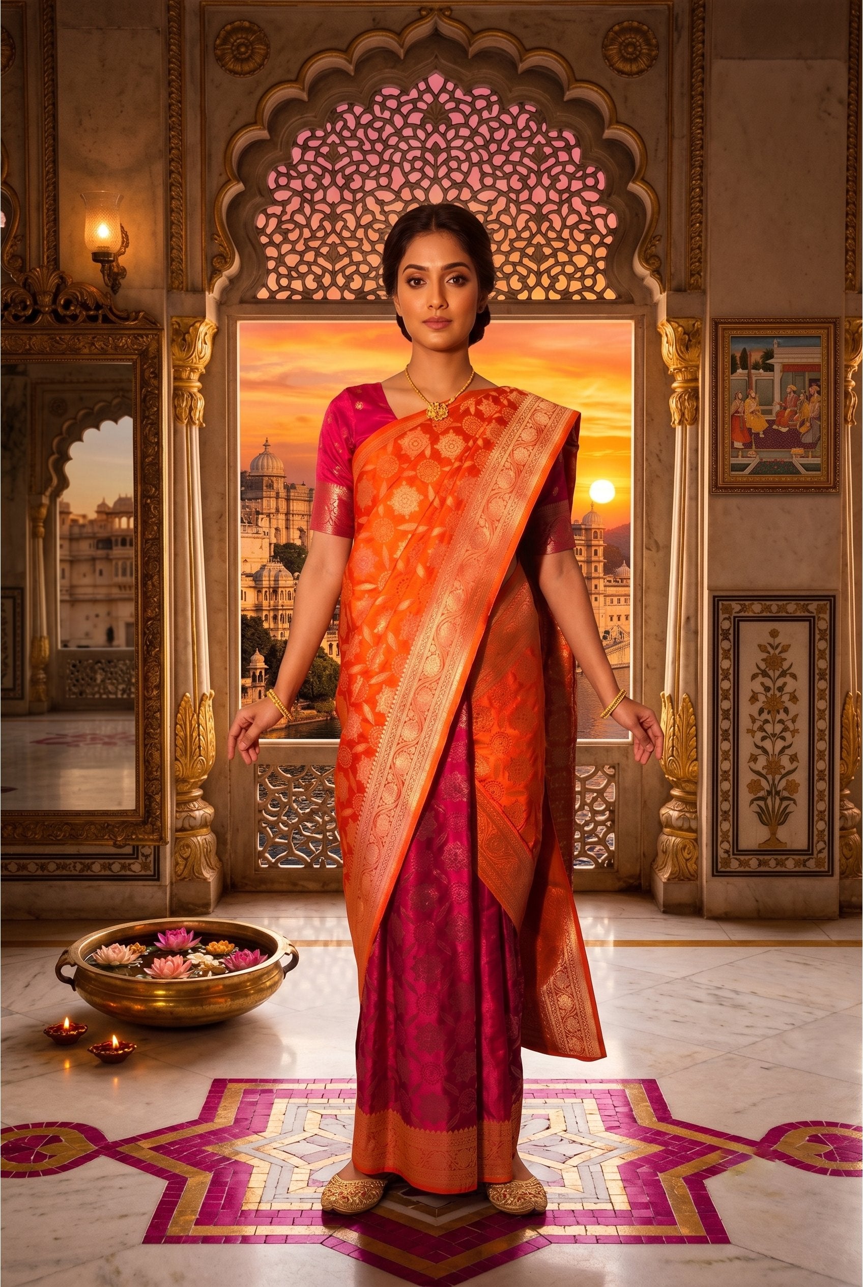 Sunset Orange & Megenta Dual-Color Banarasi Silk Saree (2 piece set)